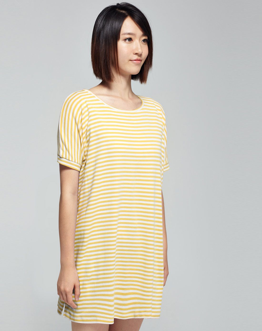 水洗精梳全棉条纹宽松百搭女式短袖t恤-黄白条纹