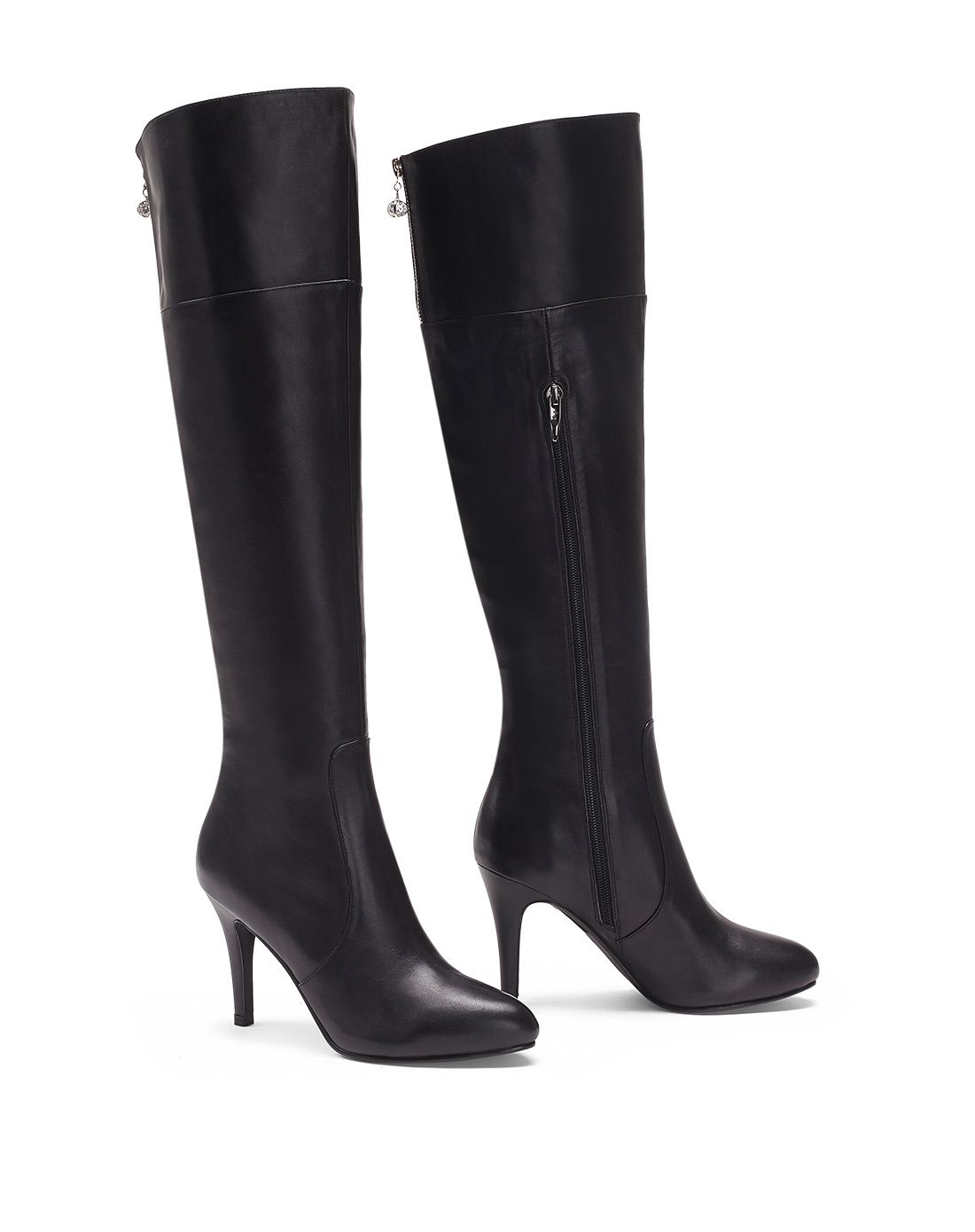 哈森女款黑色牛皮革高统靴