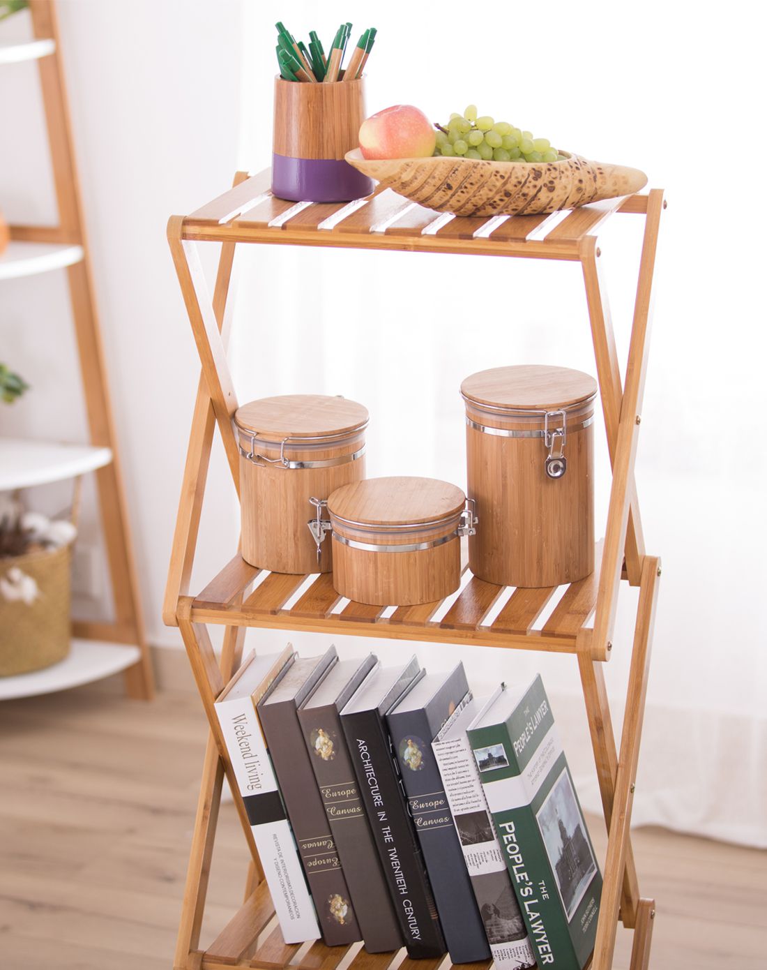 楠竹三层多功能置物架可折叠书架免安装