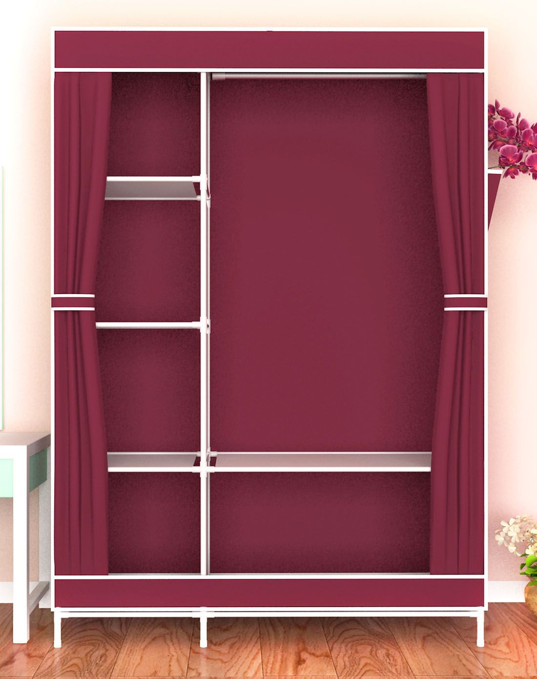 加厚收纳衣橱侧拉衣柜双开酒红色
