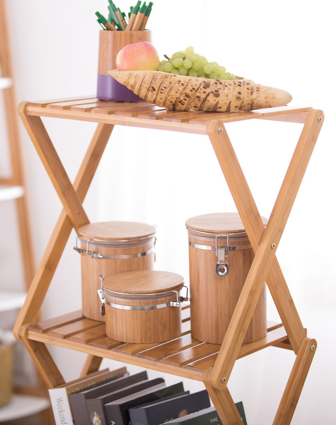 楠竹三层多功能置物架可折叠书架免安装