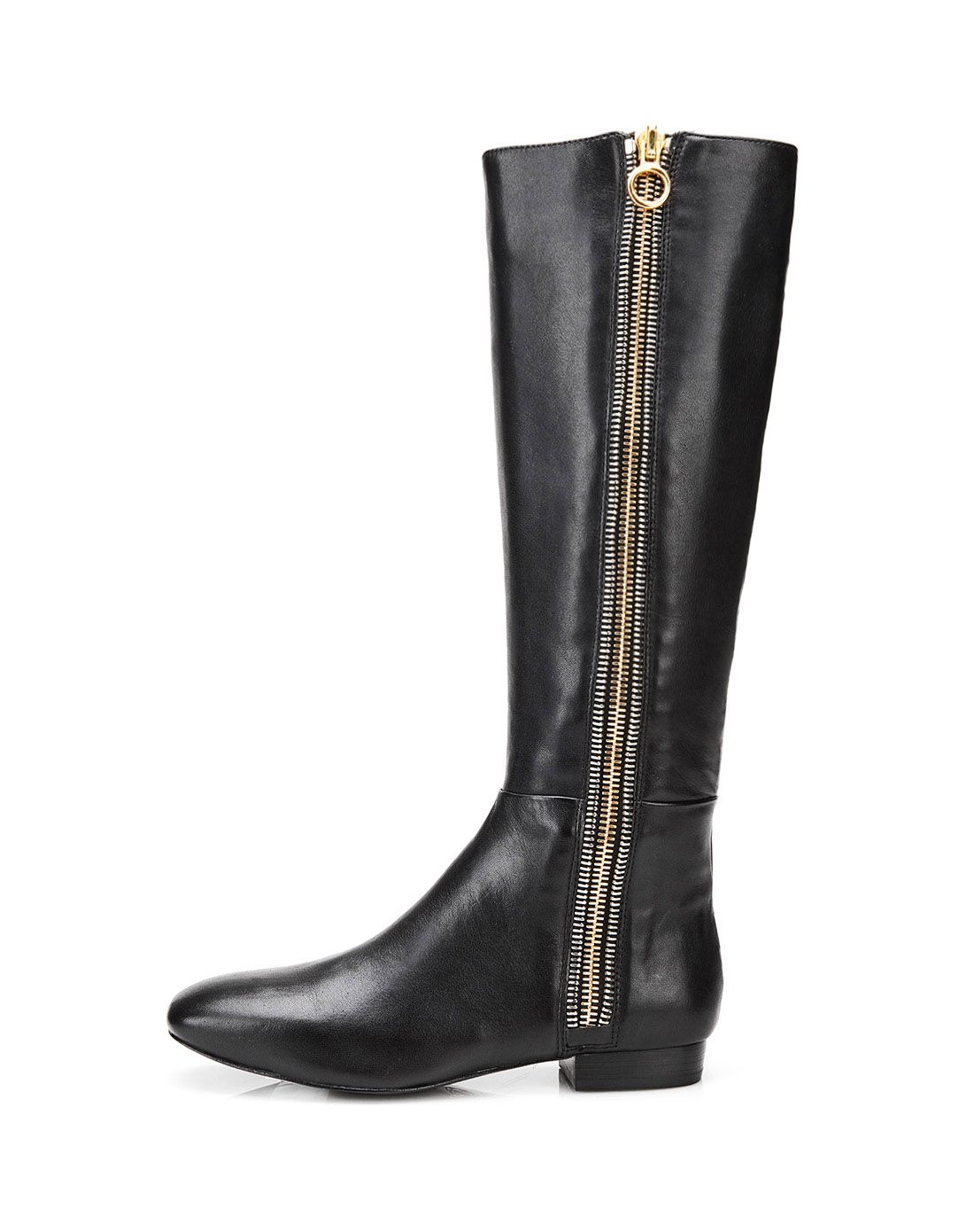 欧美风日常休闲牛皮金色拉链装饰高筒靴