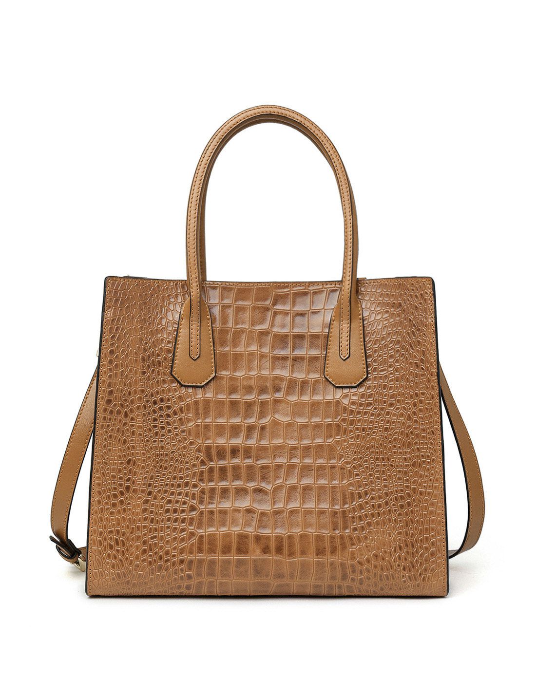 2016新品女款棕色牛皮时尚鳄鱼纹手提包