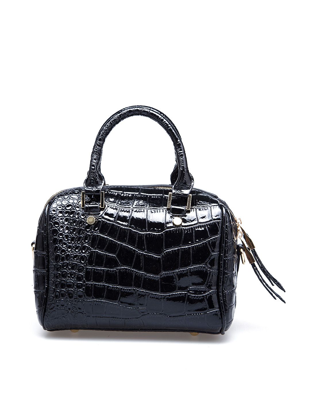 黑色石头纹金属超纤皮圆筒斜跨包手提包