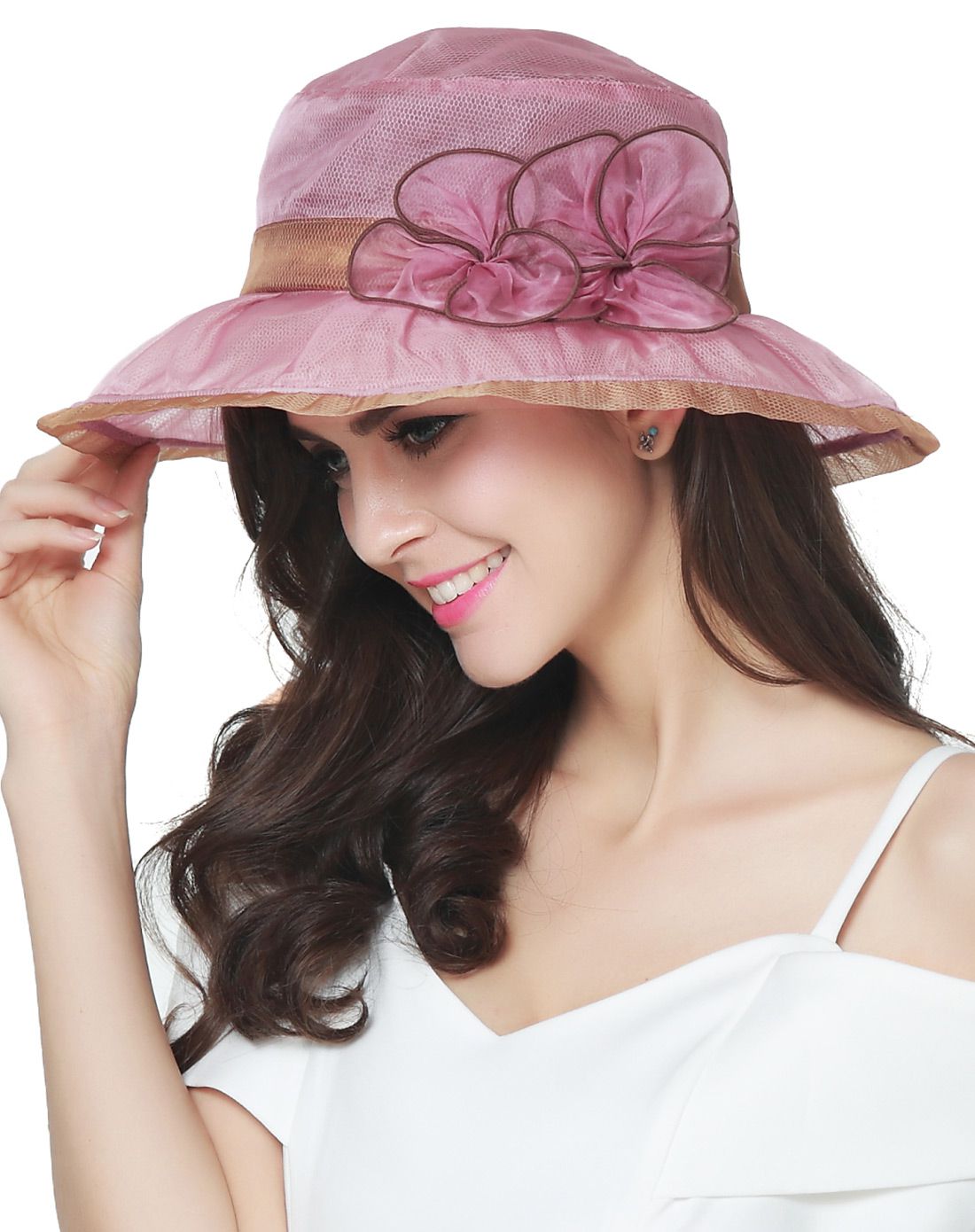 hondar 立体花饰双层真丝宽檐遮阳帽