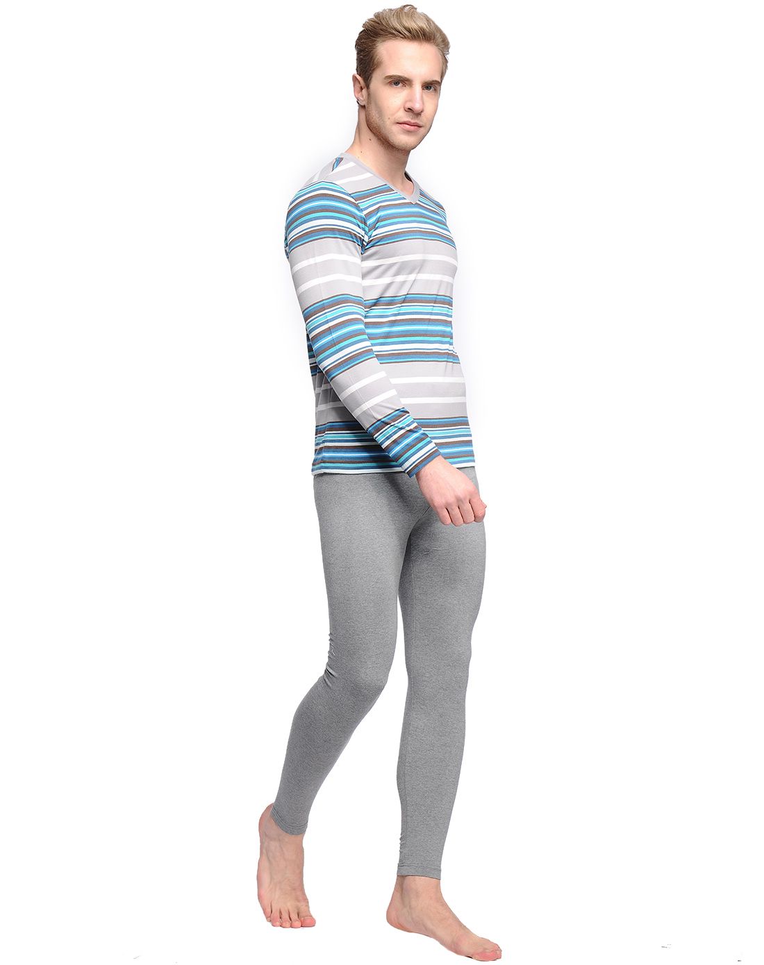 男士灰白蓝条舒适棉保暖内衣套装