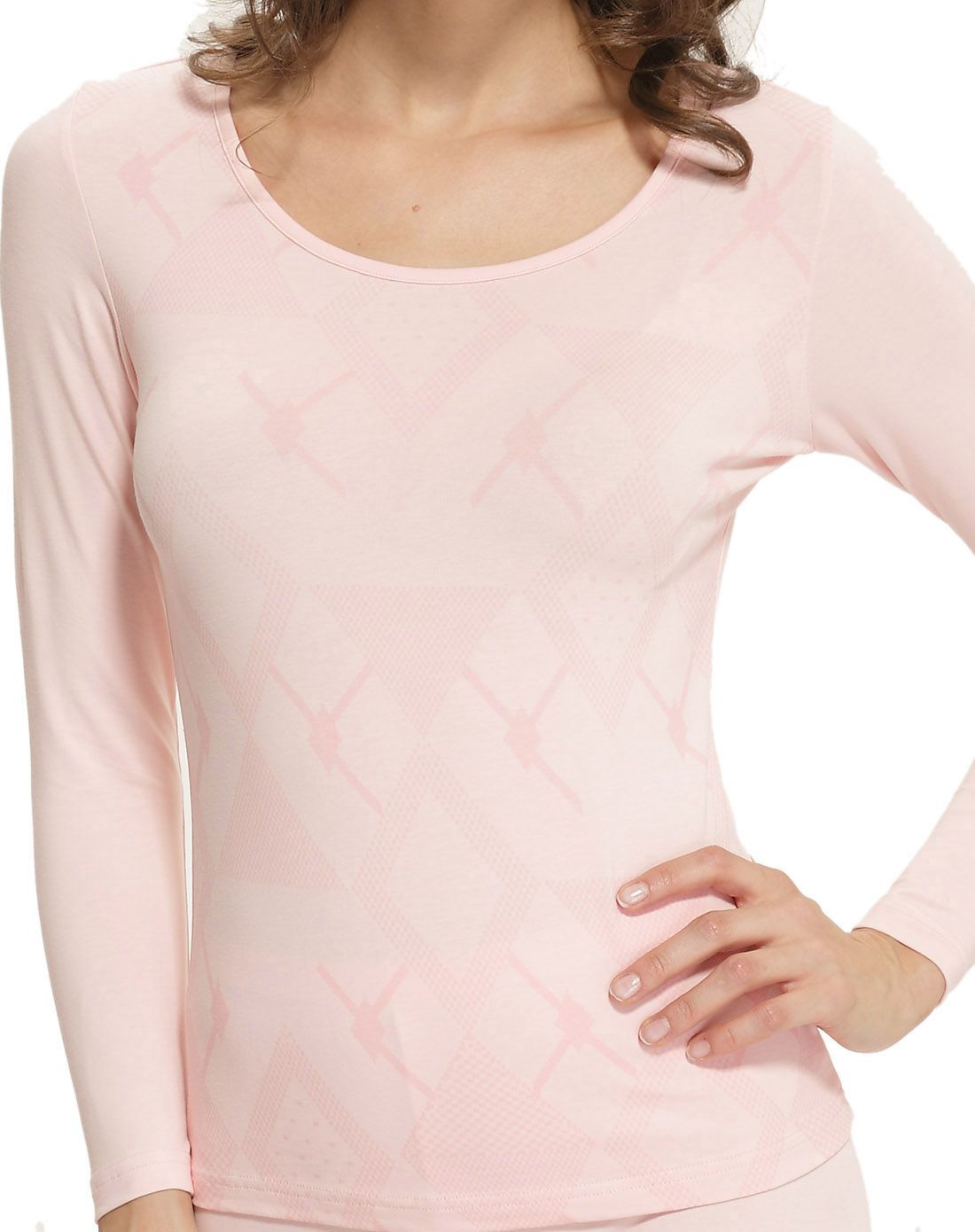 女款浅橙色圆领印纹长袖内衣套装