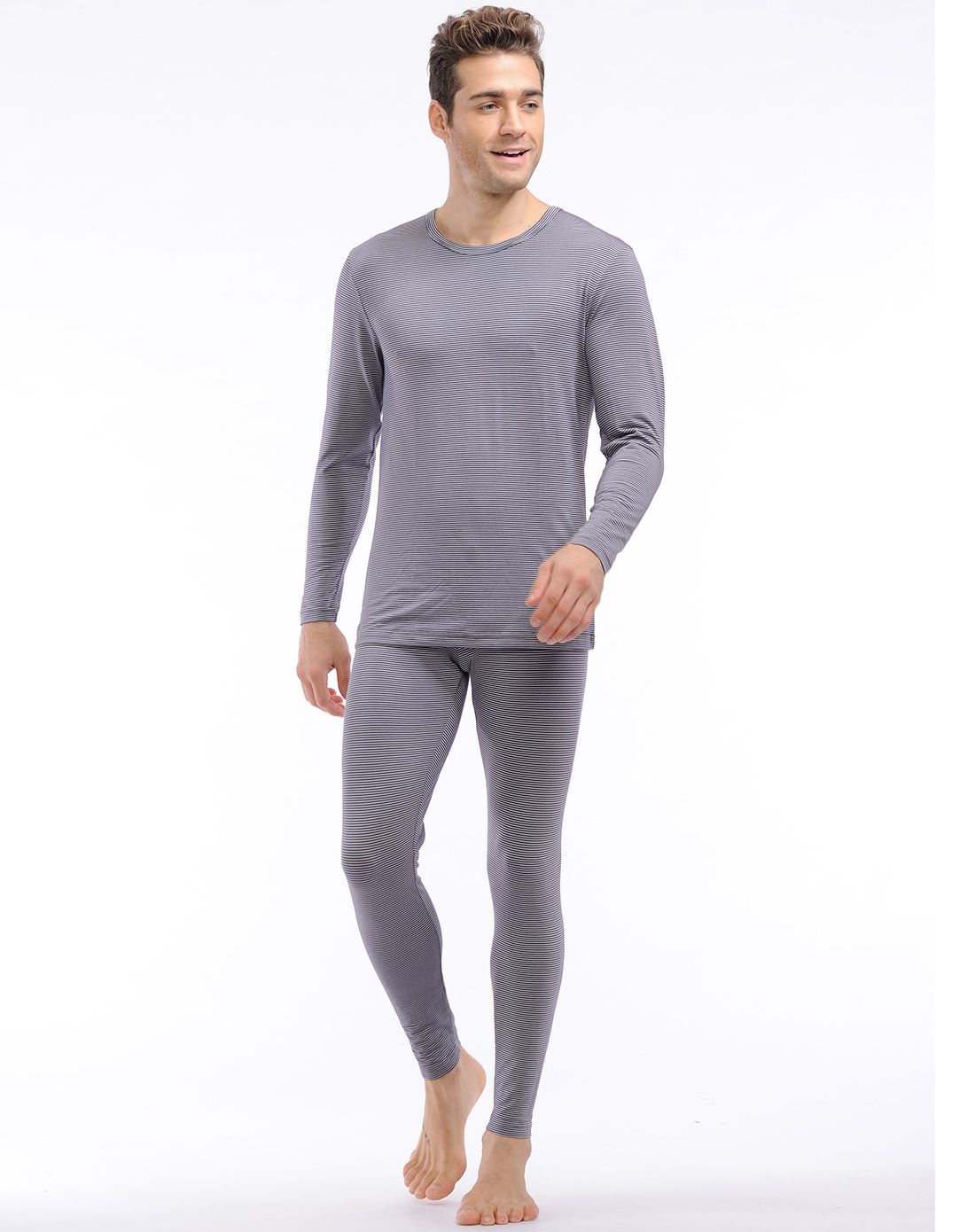 男士黑色横条舒适弹力贴身保暖内衣套装