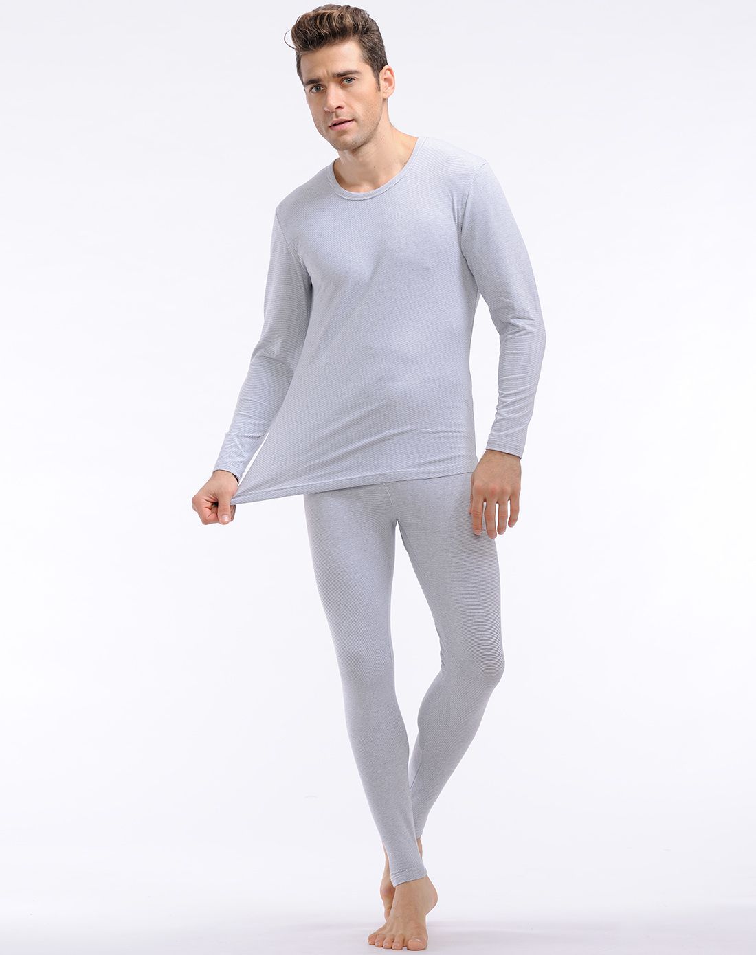 男士杏黄/黑条棉莱卡横条贴身保暖内衣