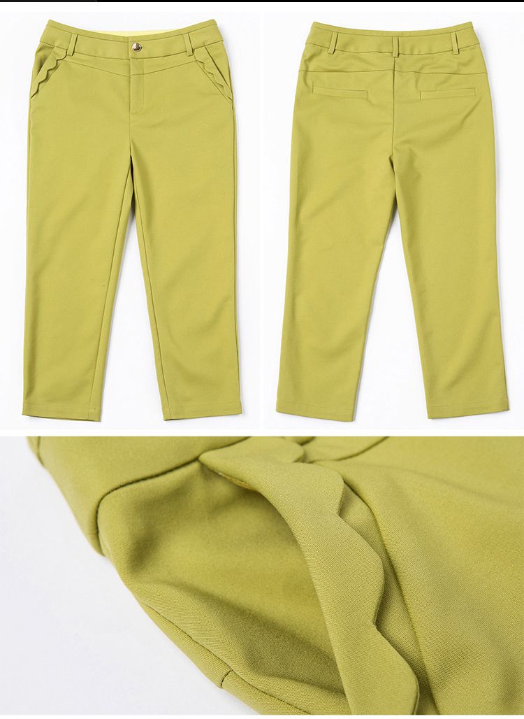 芥末黄气质修身花瓣边装饰七分小脚裤