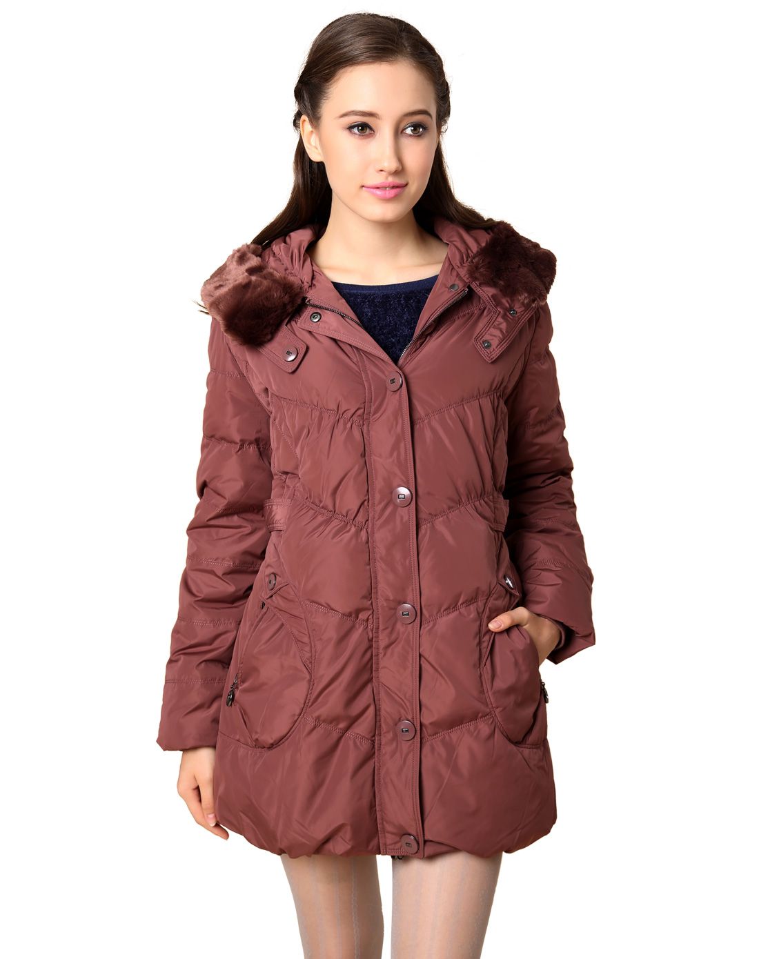 女式深藕色仿獭兔毛修身中年款羽绒服