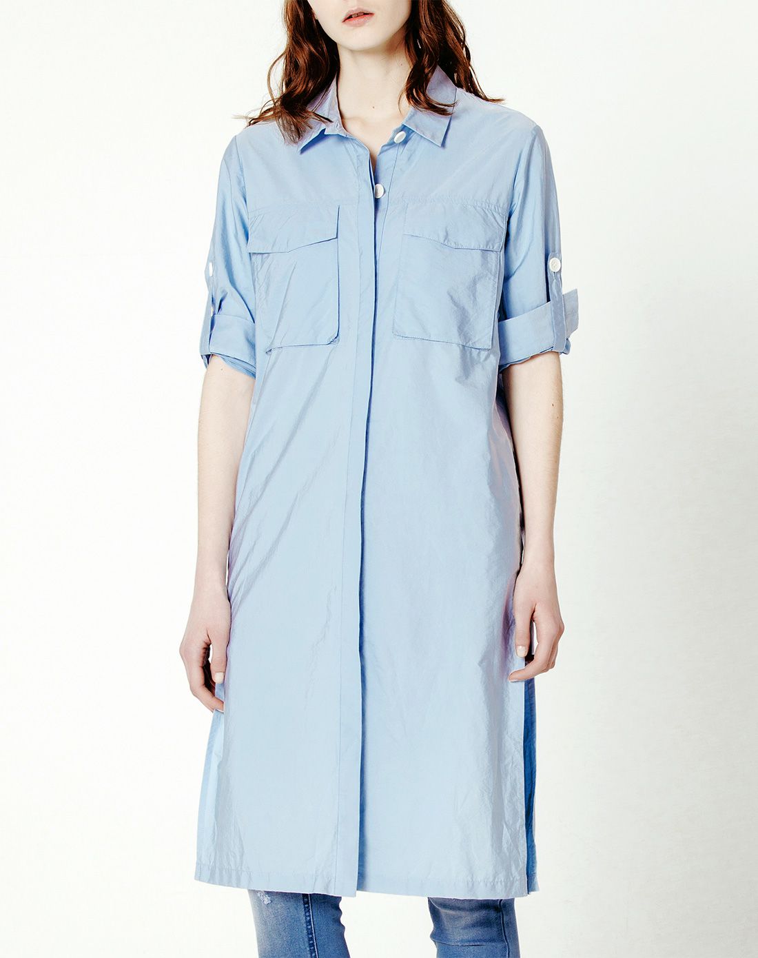 直筒口袋风衣靛蓝色