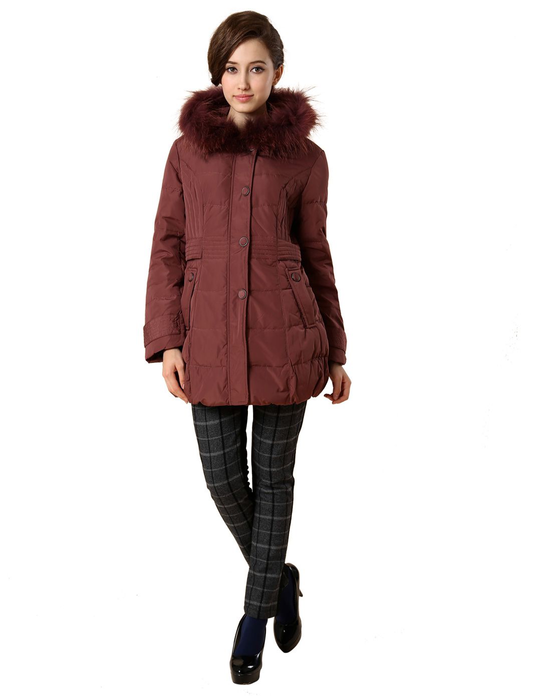 女式深藕色跟色貉子毛中年中长款羽绒服