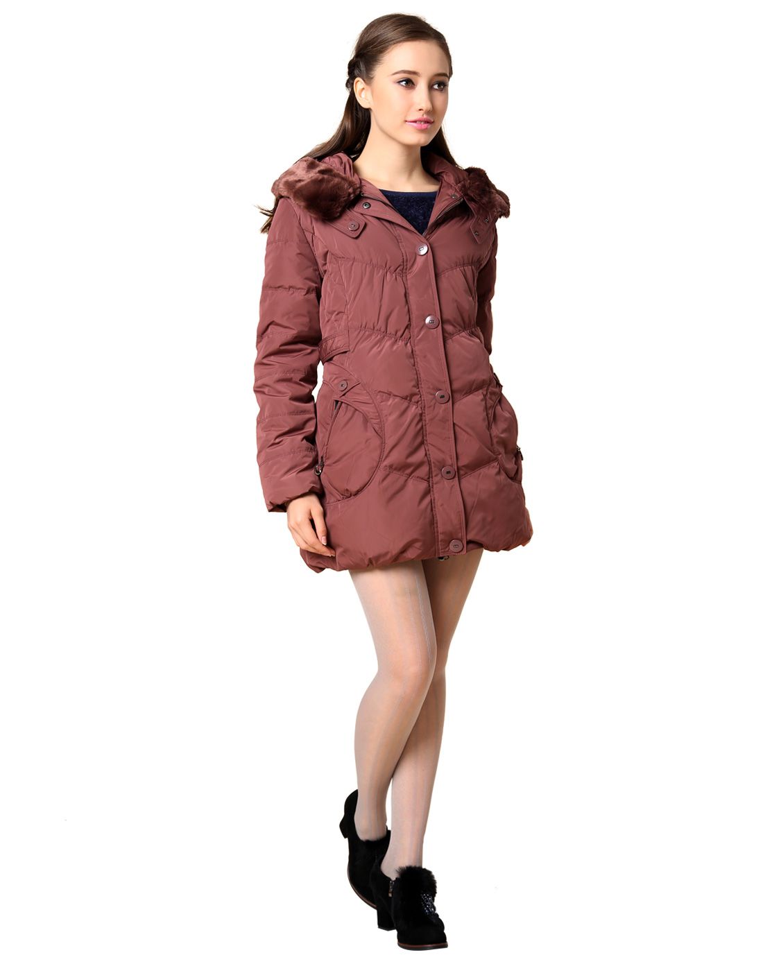 女式深藕色仿獭兔毛修身中年款羽绒服