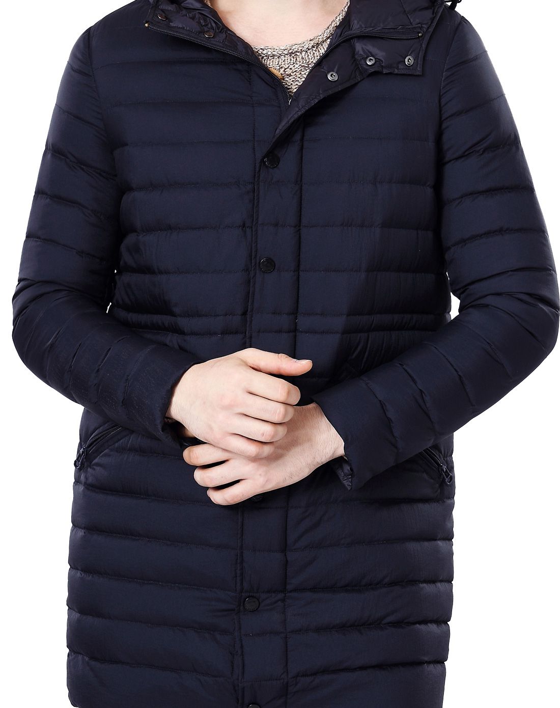 男式夜幕蓝轻羽绒微皱连帽中长款羽绒服