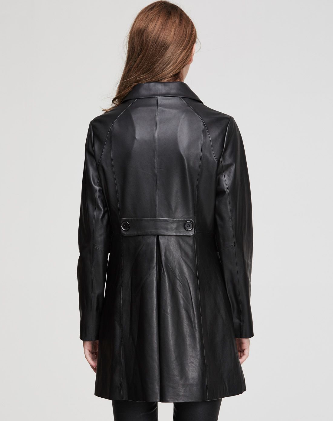 女黑色简约双排扣中长款绵羊皮风衣