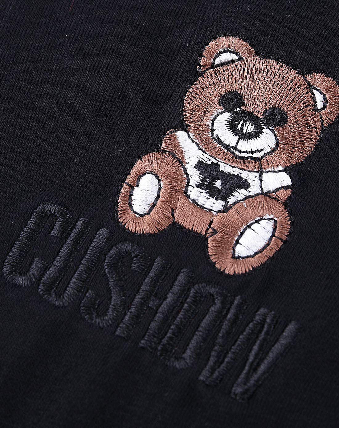 黑色女式短袖圆领刺绣小熊图案t恤