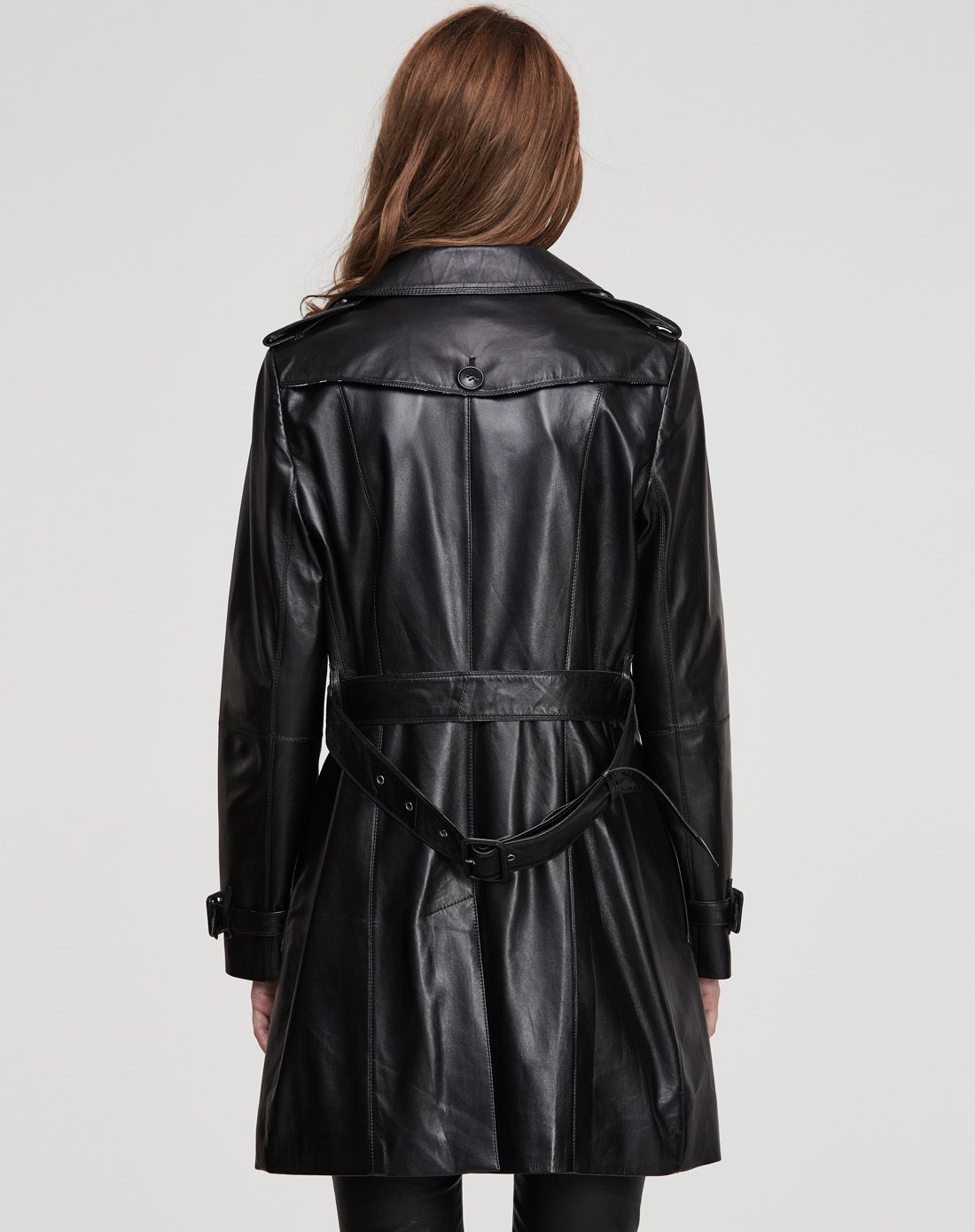 女黑色时尚经典双排扣中长款绵羊皮风衣