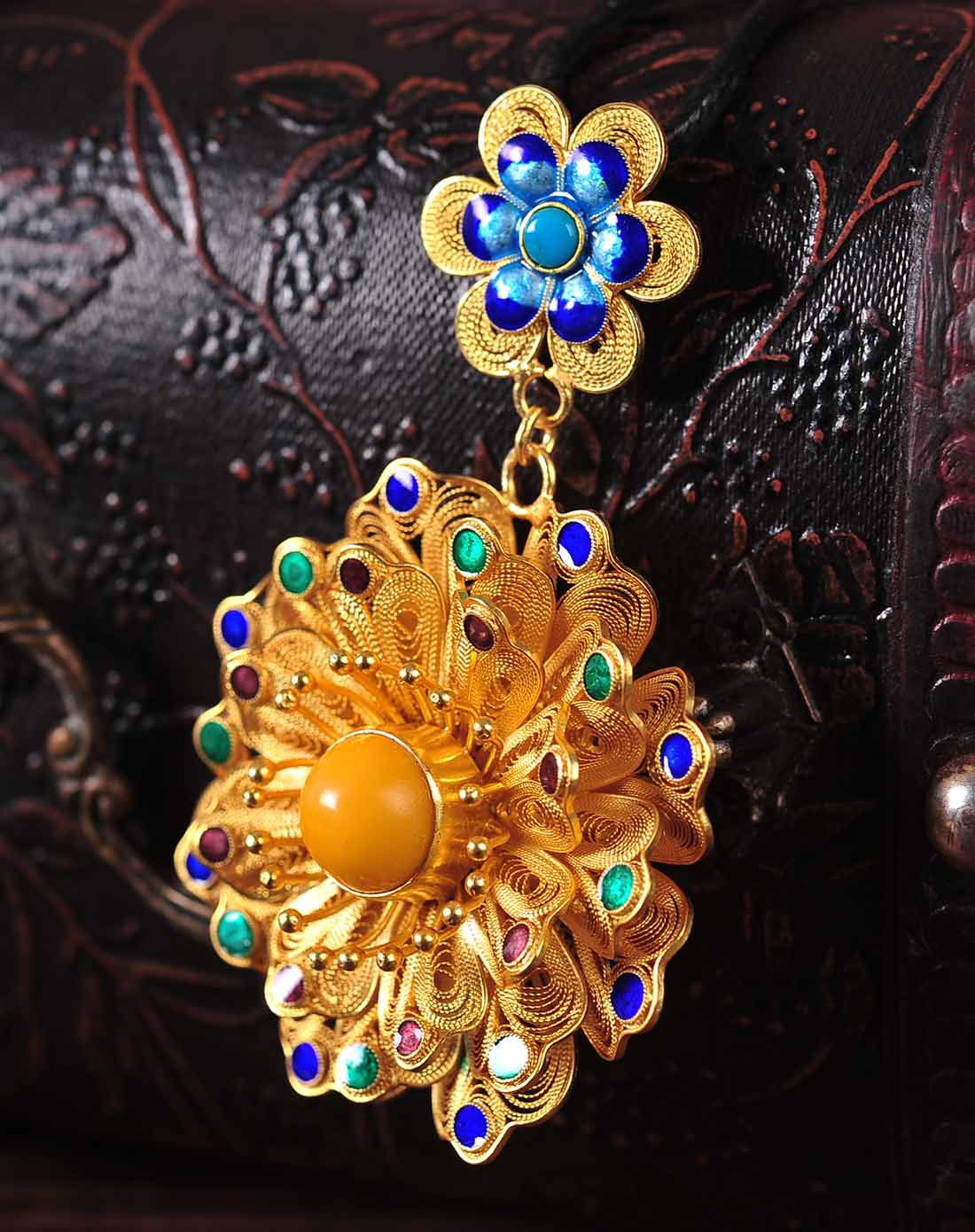 百年宝诚 金缕繁花蜜蜡花丝镶嵌银吊坠