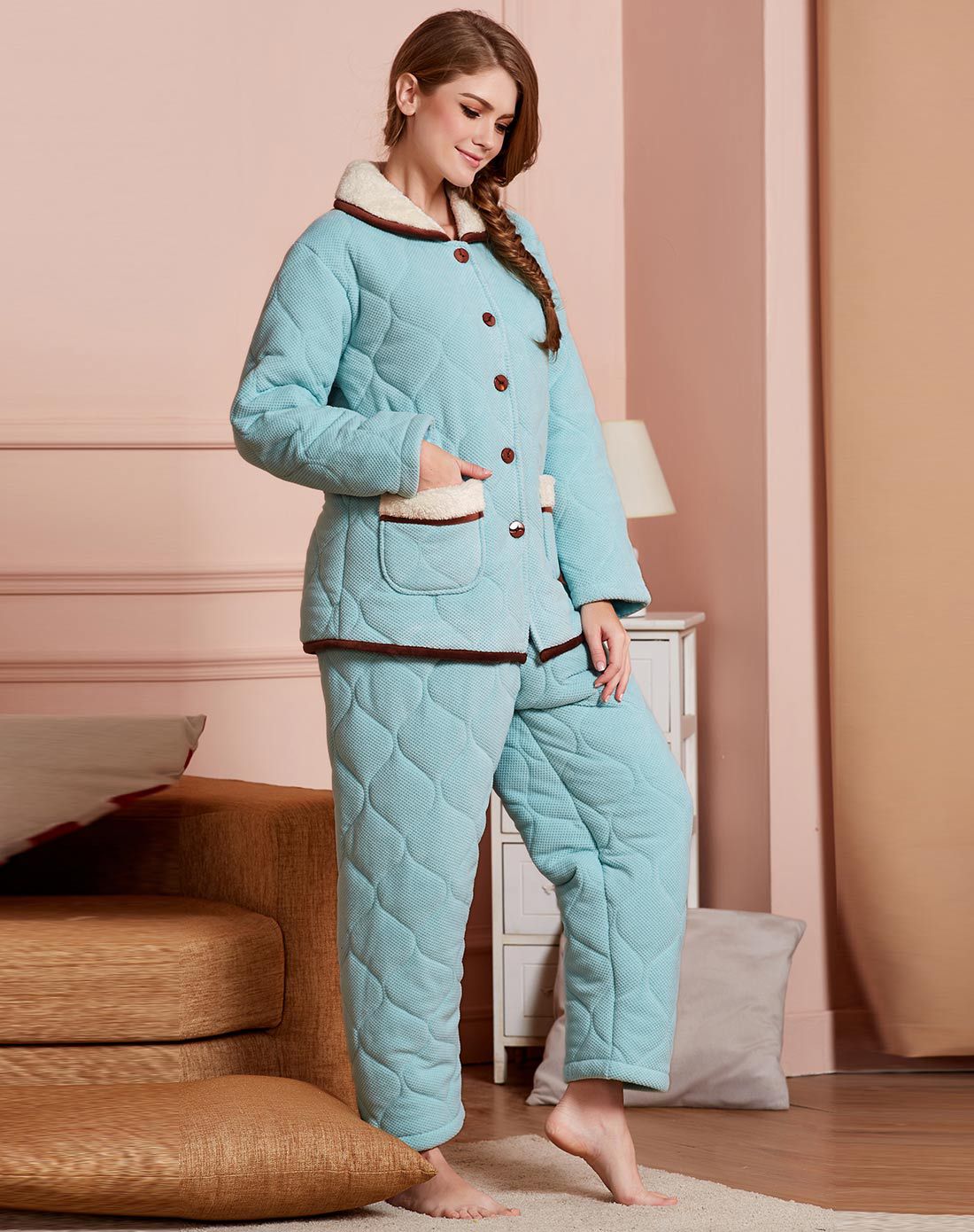 都市丽人集团保暖专场西法兰绒加厚家居服夹绒女款家居服套装2h6103