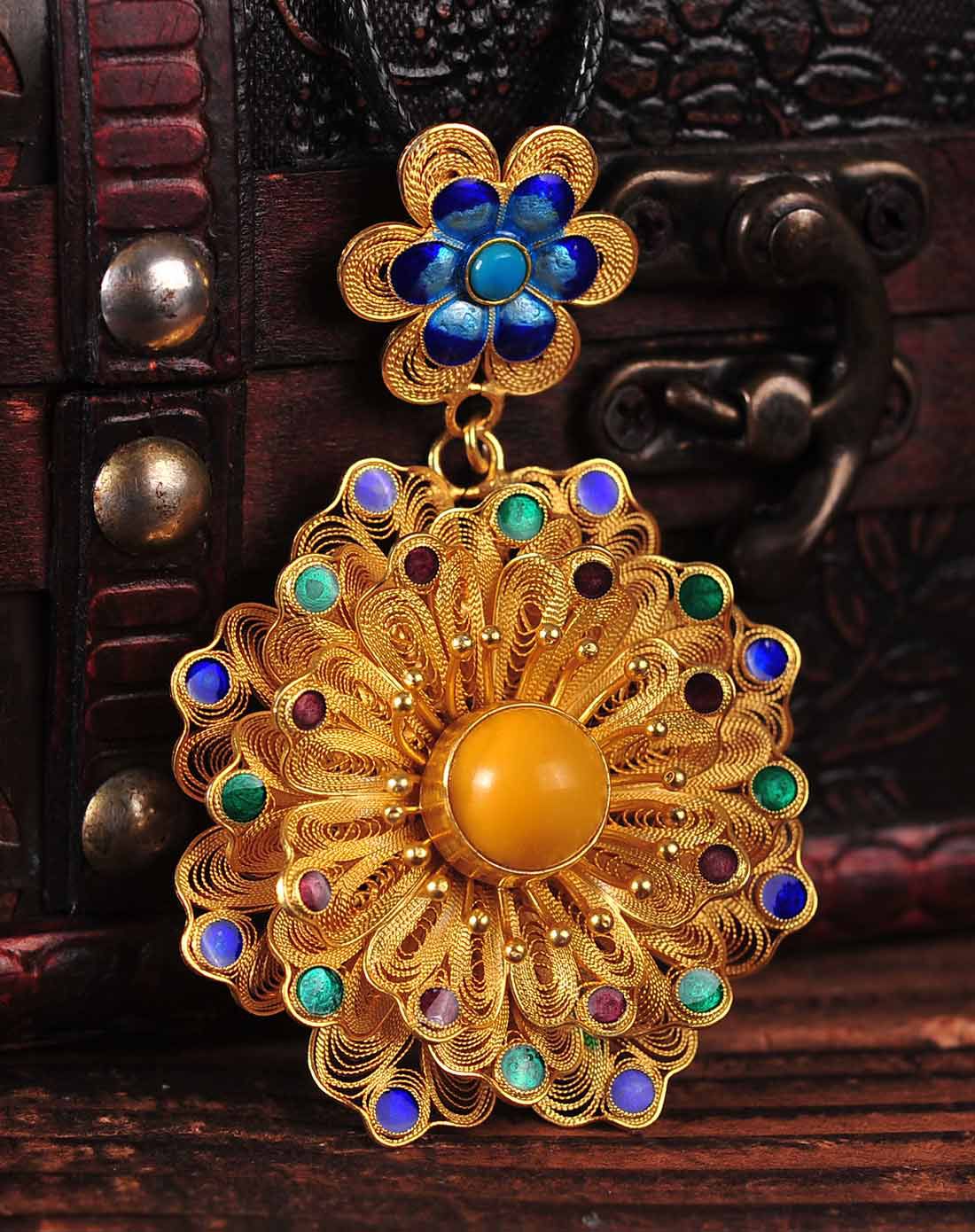 百年宝诚 金缕繁花蜜蜡花丝镶嵌银吊坠