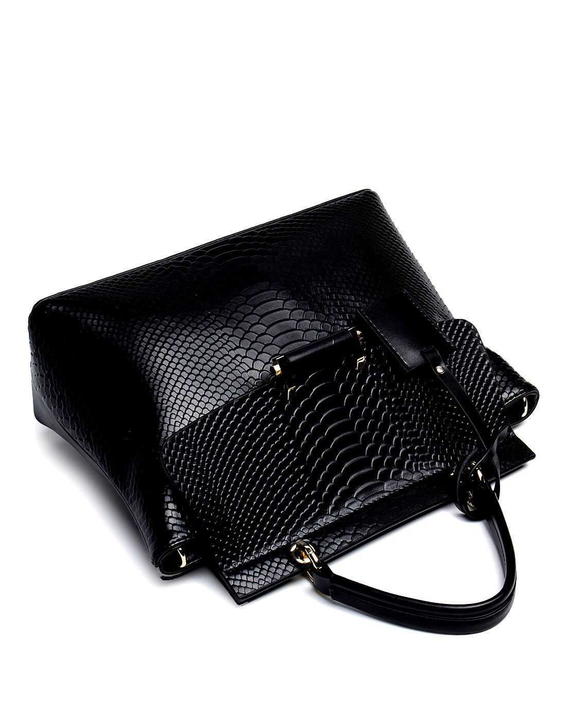 女士压花黑色牛皮手提单肩包