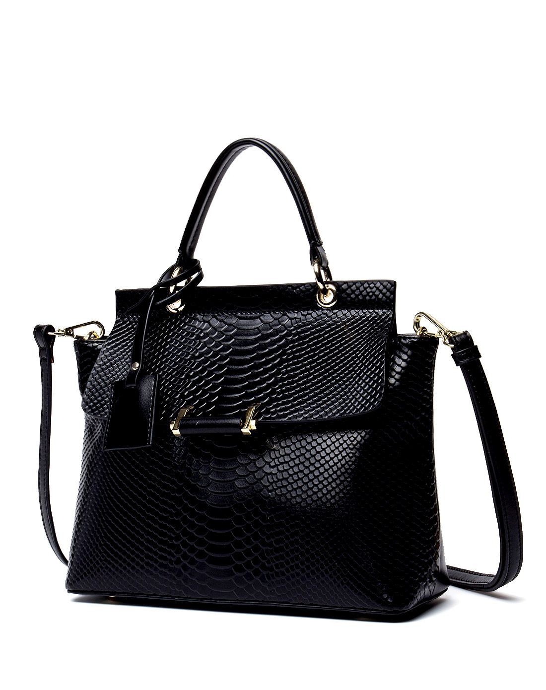 女士压花黑色牛皮手提单肩包