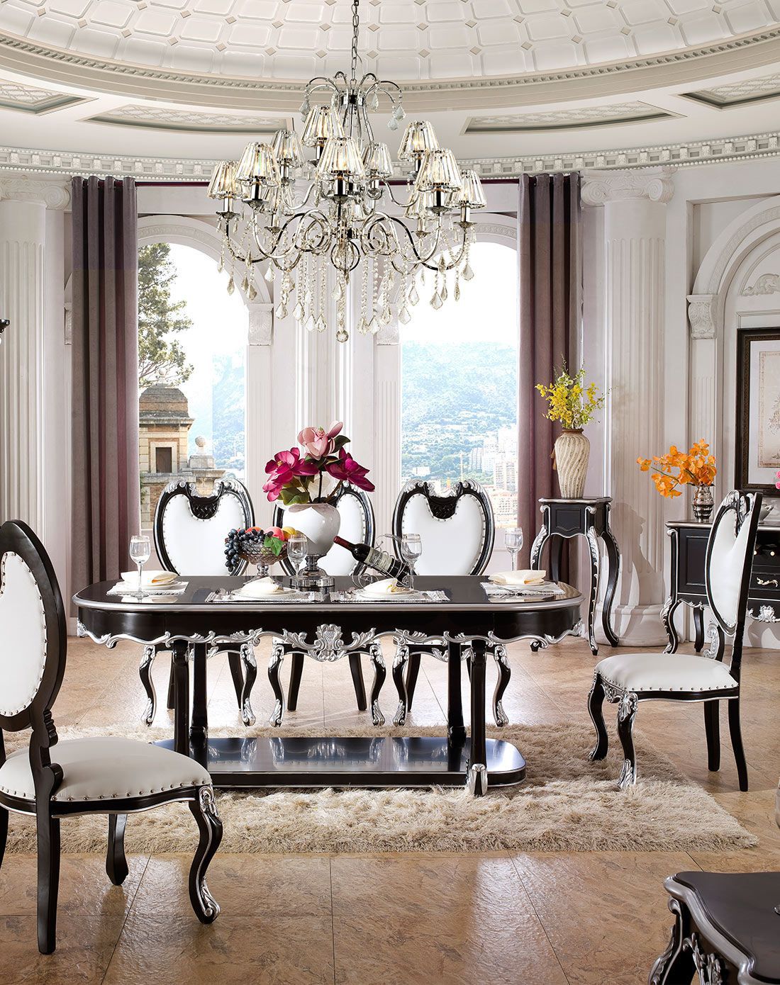 法式新古典实木长圆角餐桌 6把皮餐椅组合