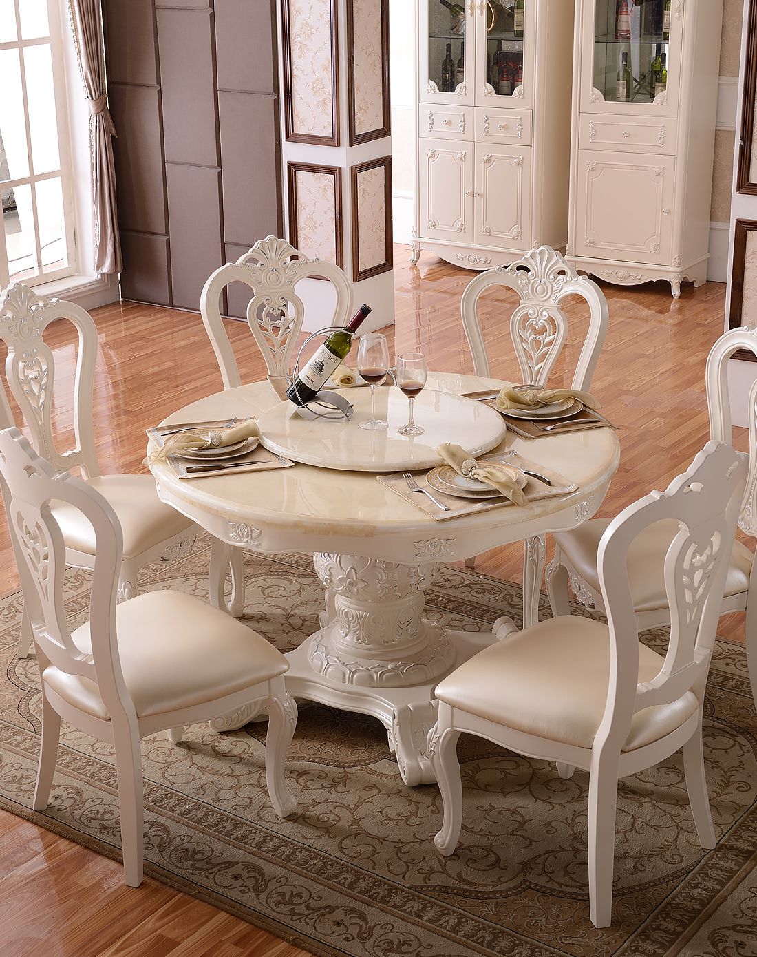 【一桌六椅】欧式实木圆餐桌 餐椅