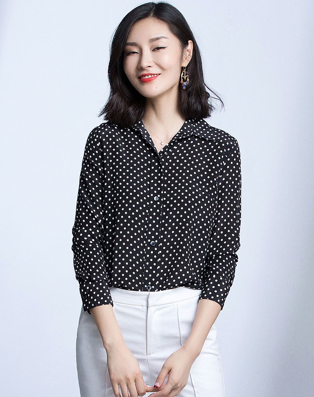 优衣美白色波点经典时尚魅力真丝衬衫yq613347w05_唯品会