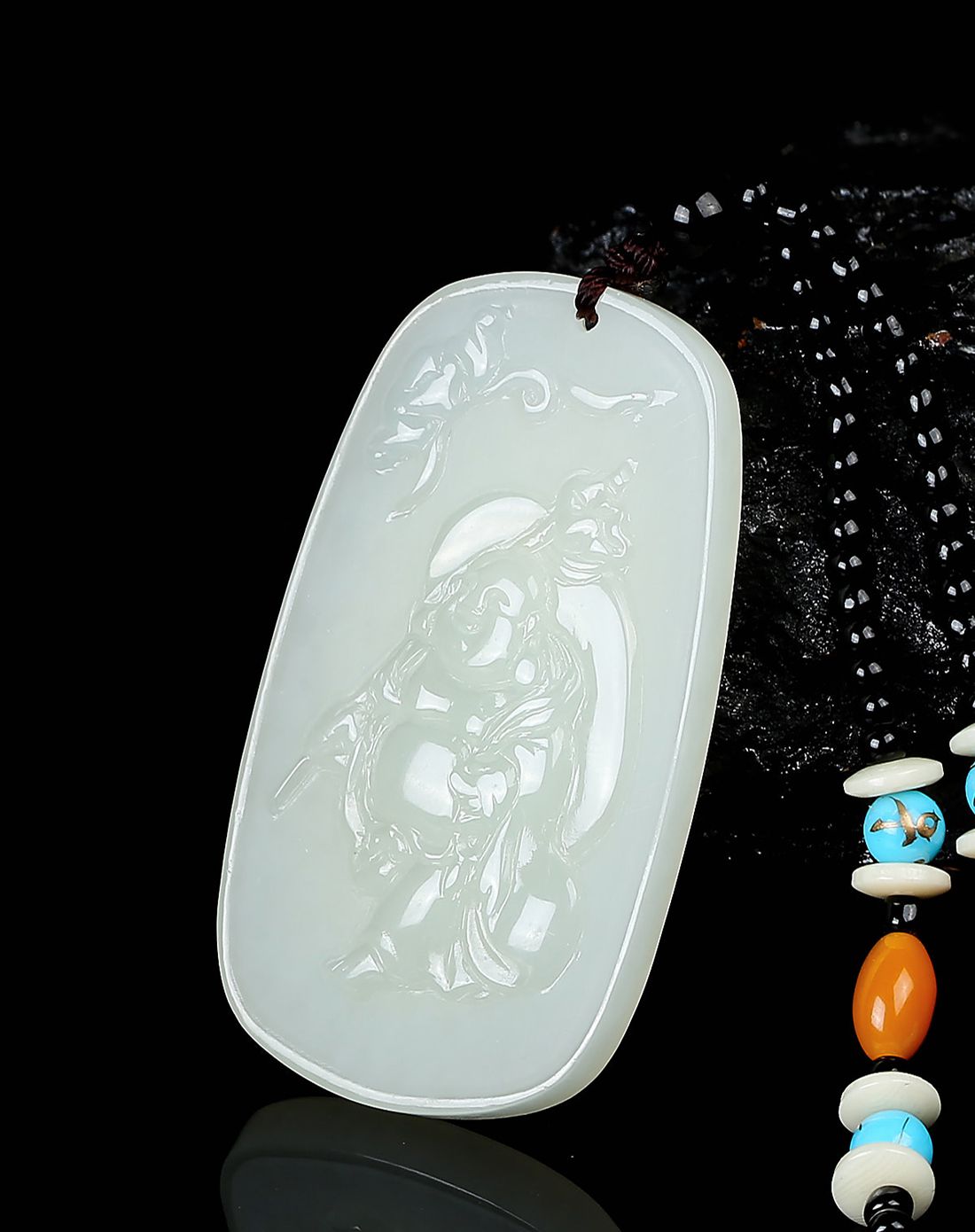 uve 天然和田白玉巧雕逍遥佛挂件