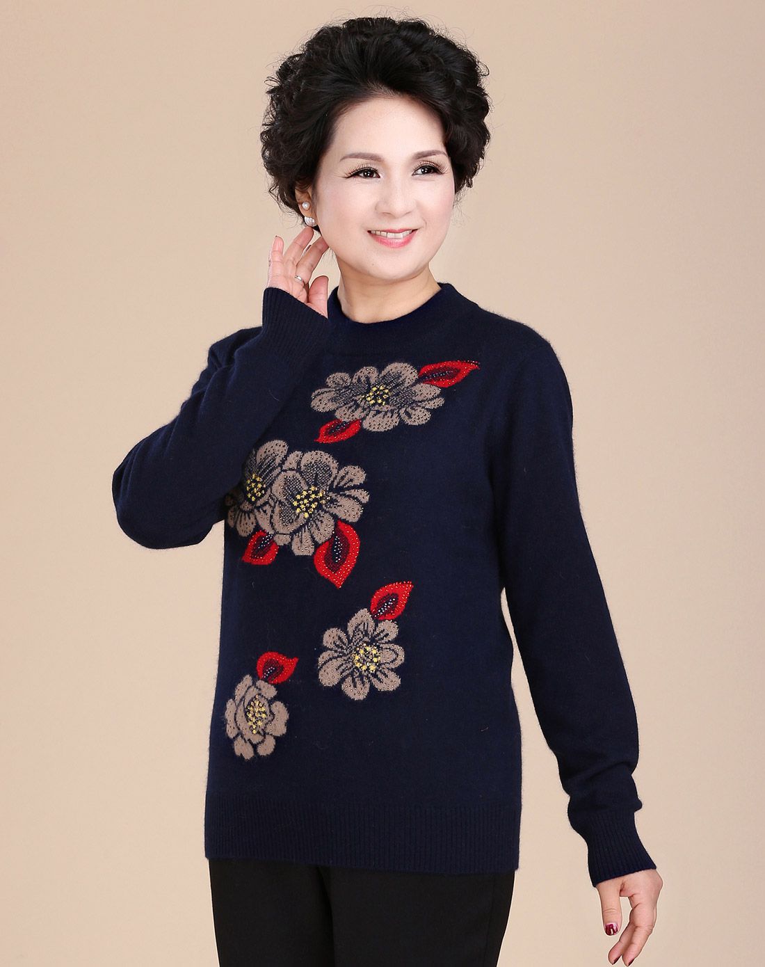 女款藏青色大花提花圆领毛衫