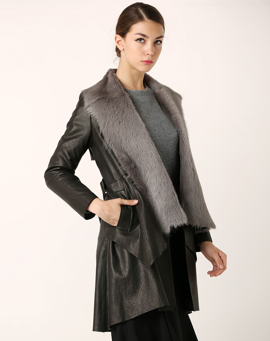 猾子毛翻领百搭长款皮衣