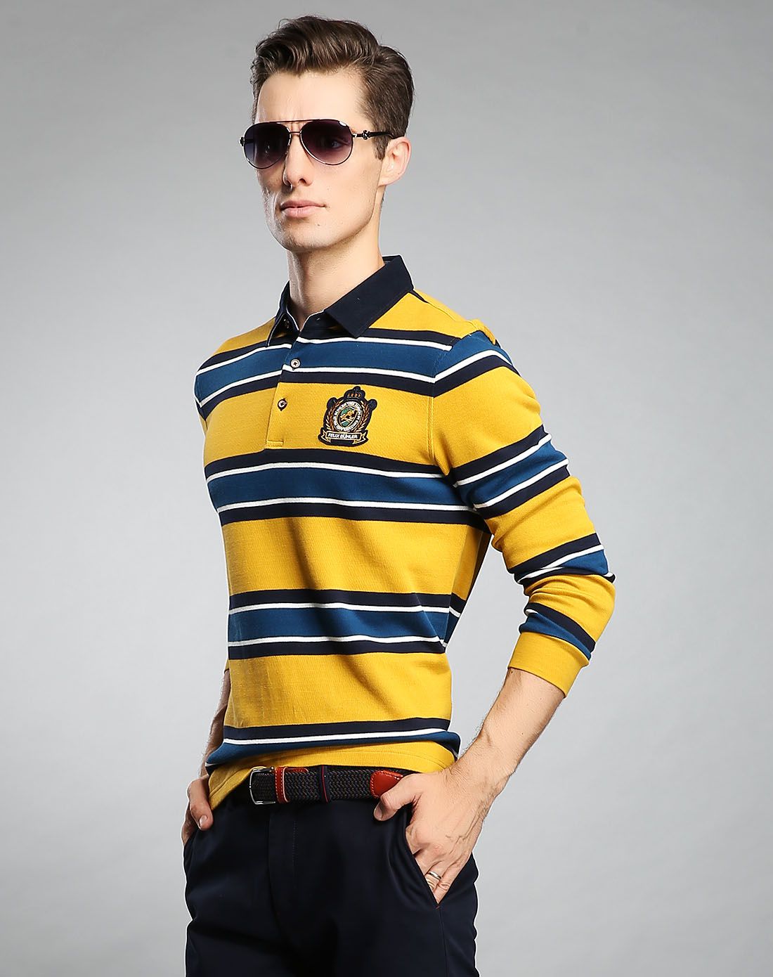 全棉横条间纹舒适亲肤休闲长袖t恤男装长袖t恤