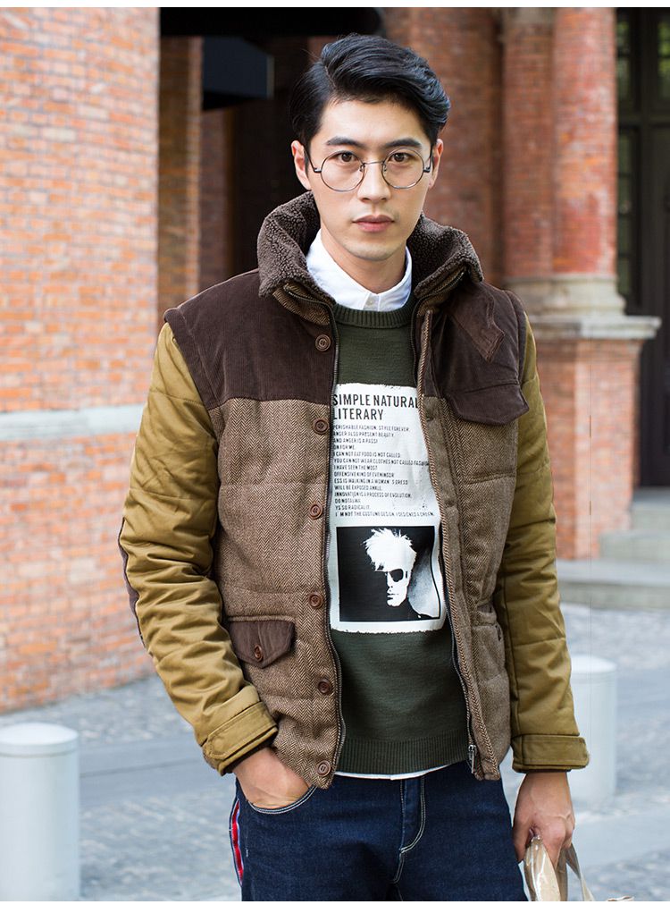 布衣传说茶咖色拼接立领棉衣MM267茶咖