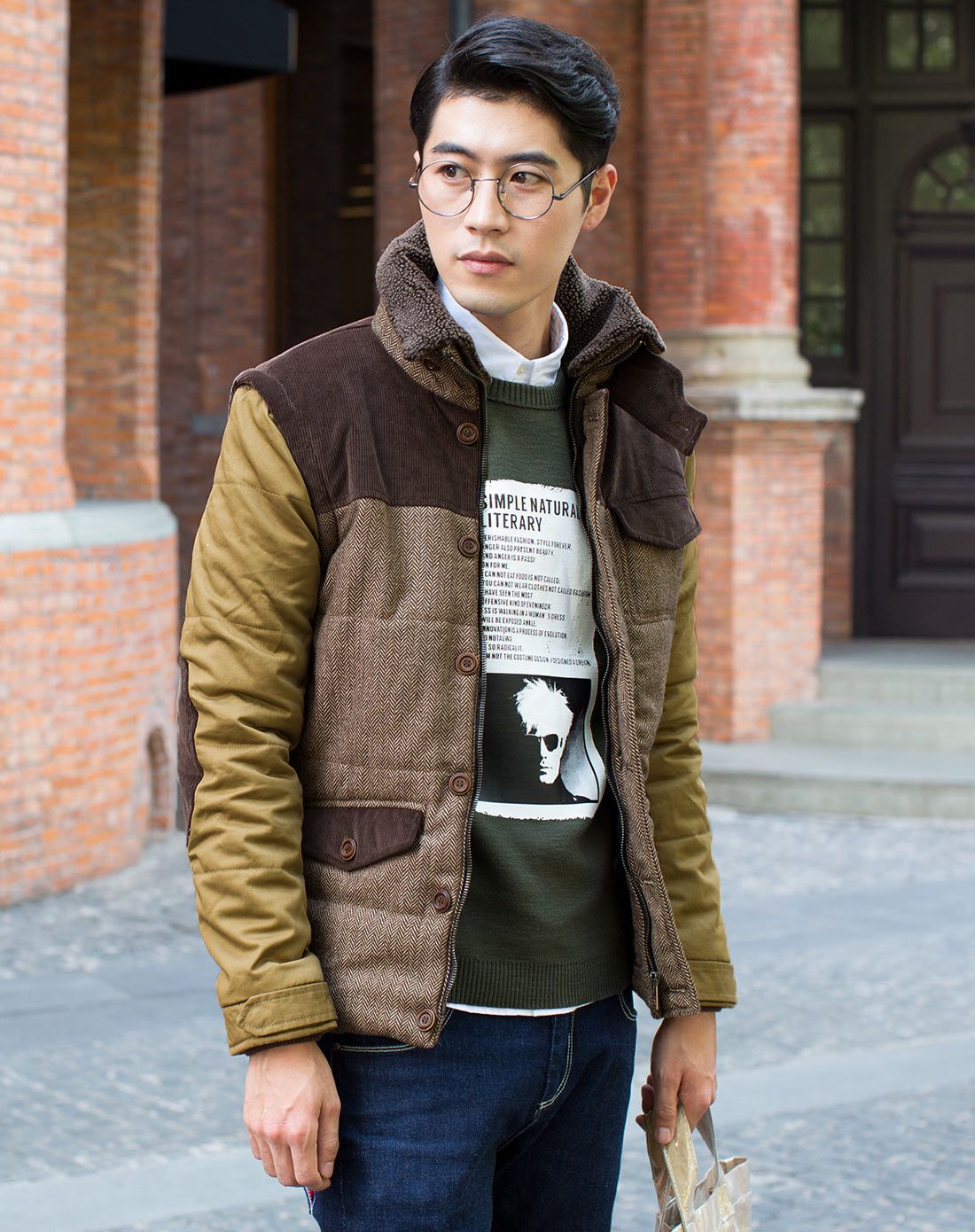 布衣传说茶咖色拼接立领棉衣MM267茶咖