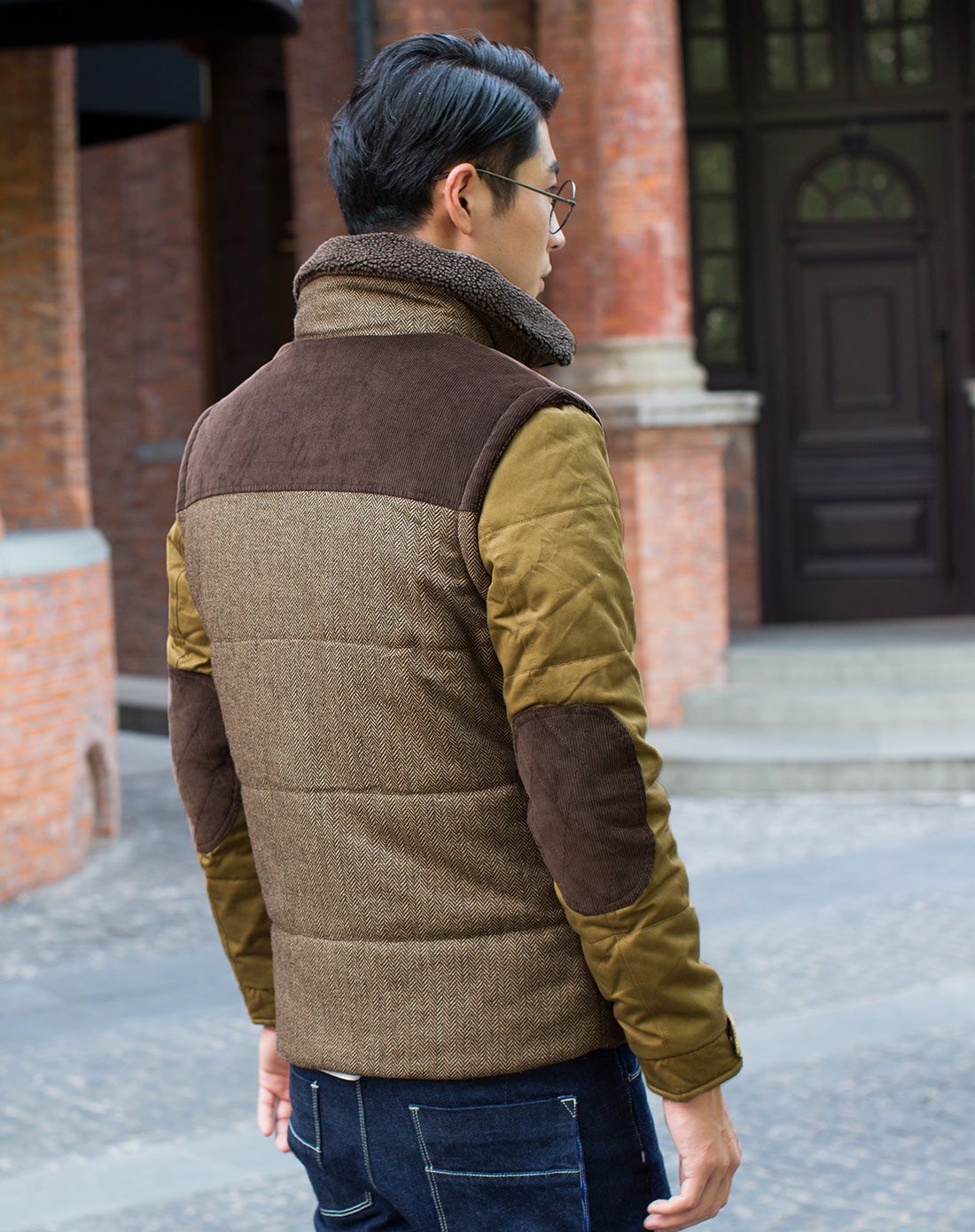 布衣传说茶咖色拼接立领棉衣MM267茶咖