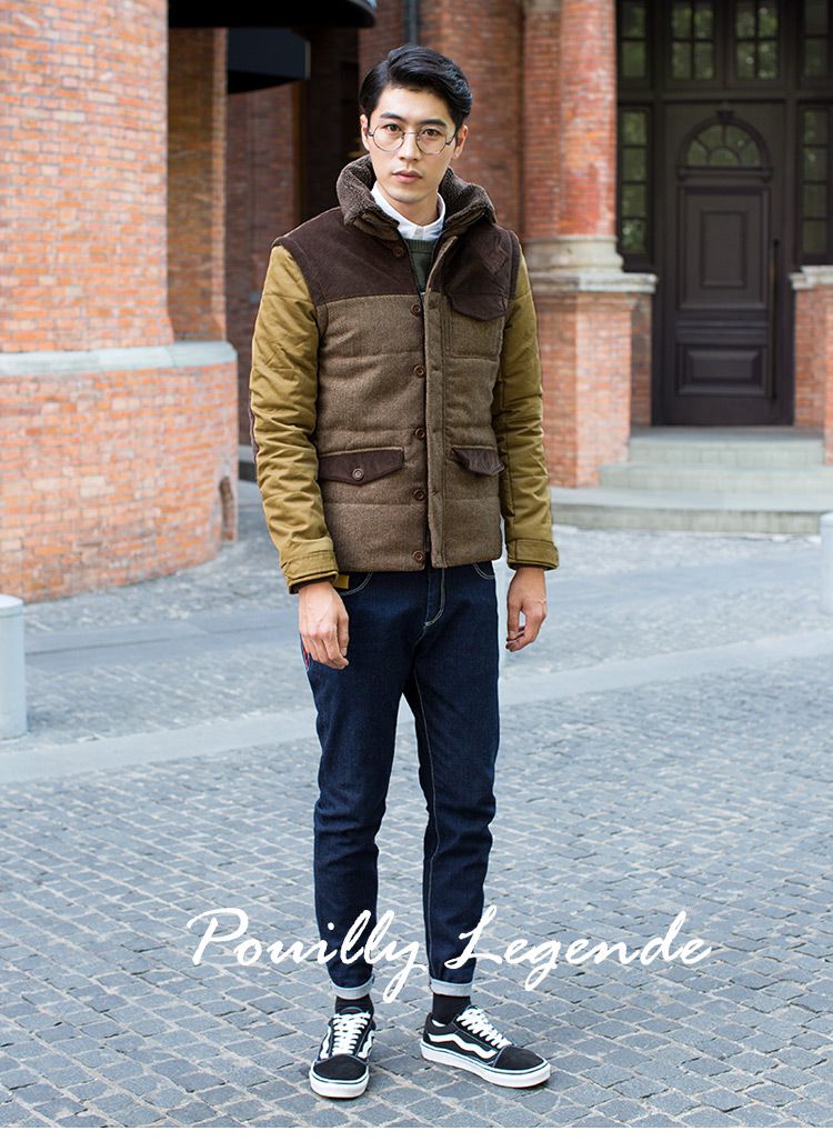 布衣传说茶咖色拼接立领棉衣MM267茶咖