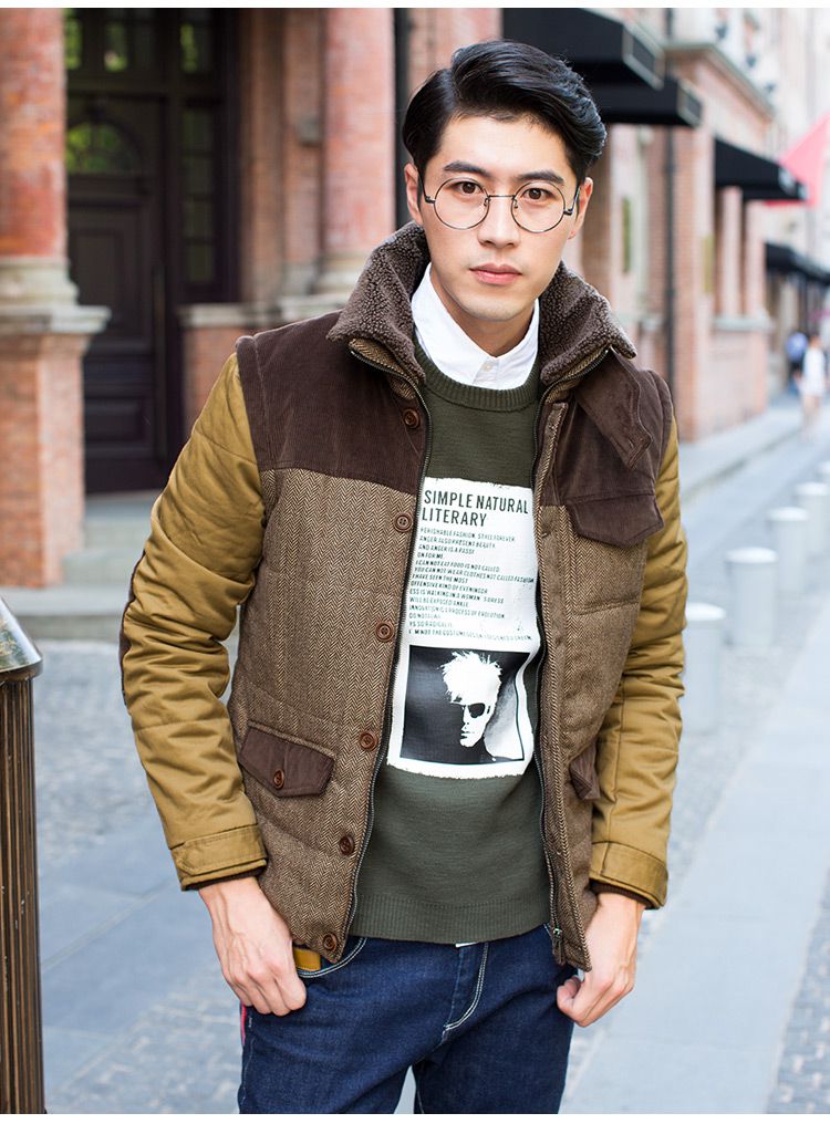 布衣传说茶咖色拼接立领棉衣MM267茶咖