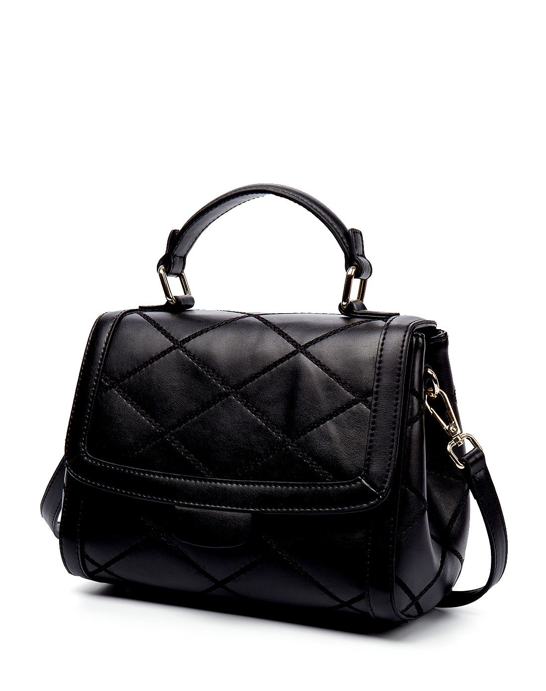 女士软牛皮包盖式黑色单肩包