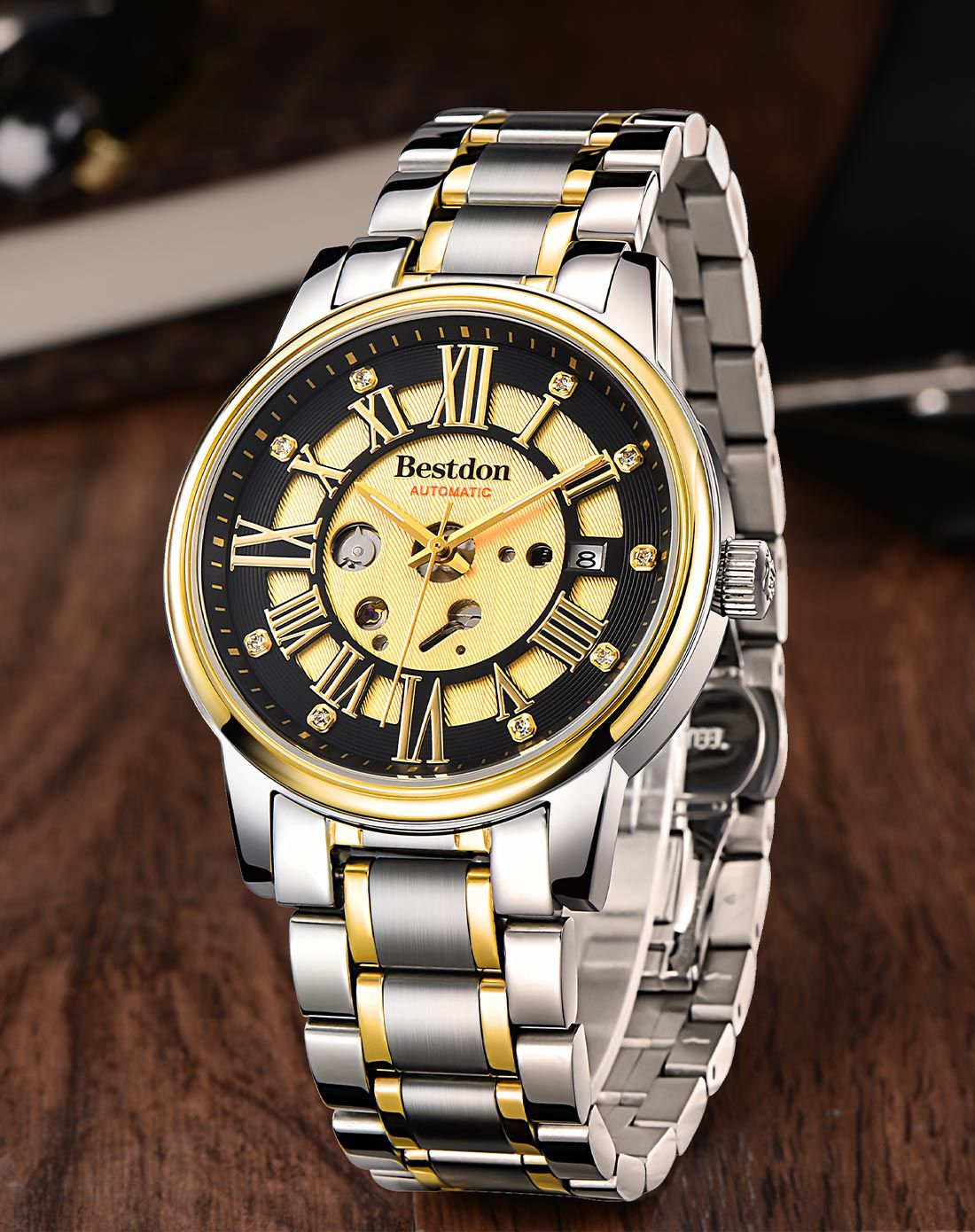 邦顿【传承系列】全自动机械镂空间金钢带腕表