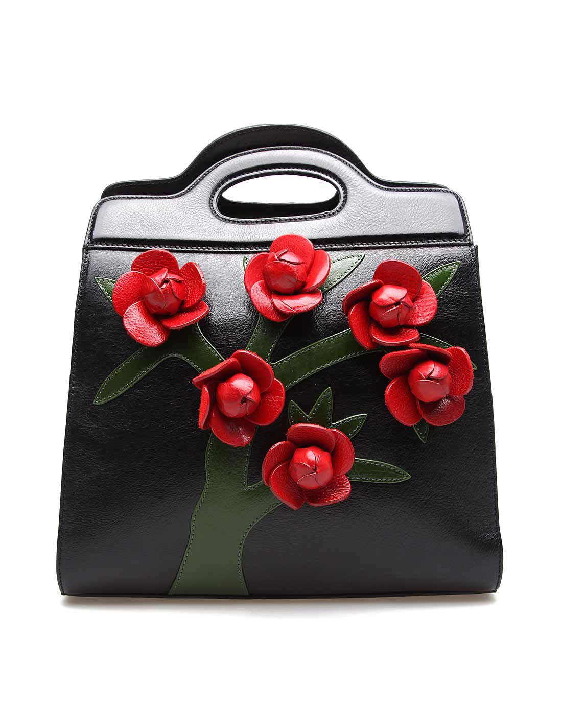 红色优雅立体压花进口牛皮手提包斜挎包