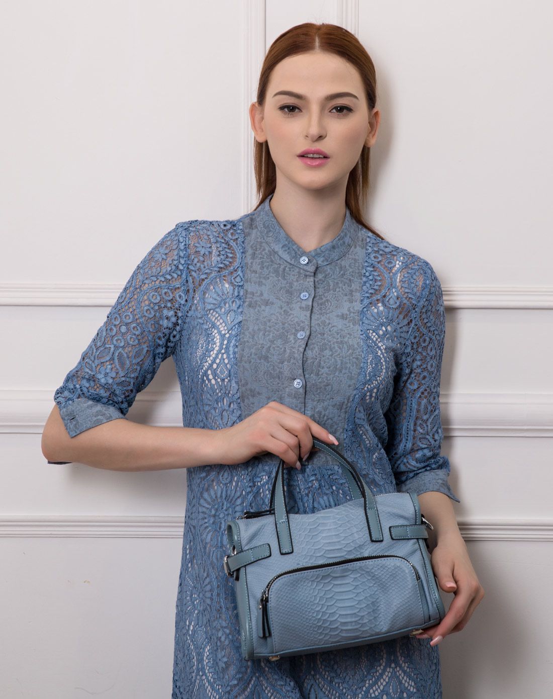 2016新款亚麻蓝牛皮革手提包