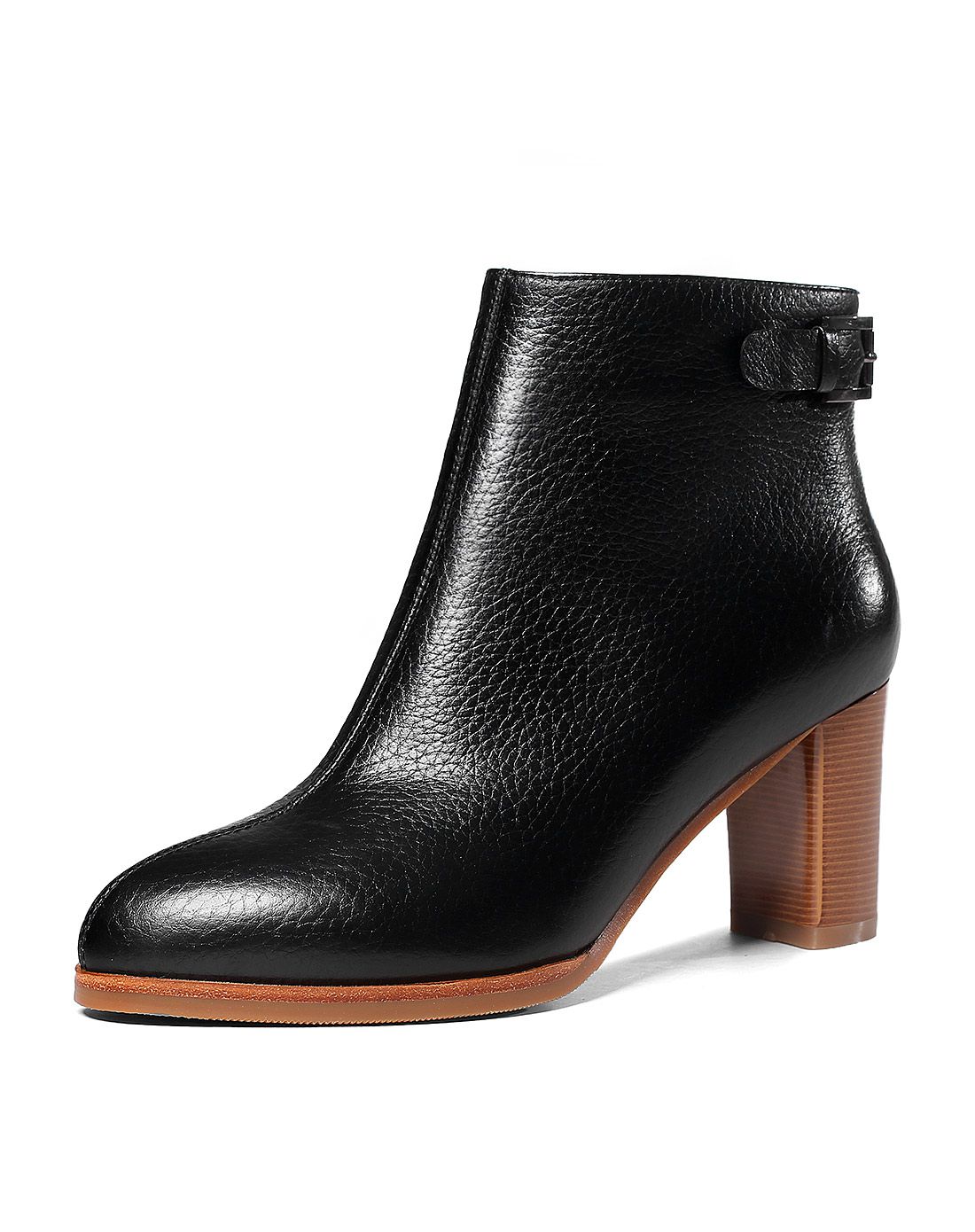 16年新品紫色牛皮尖头粗高跟短靴