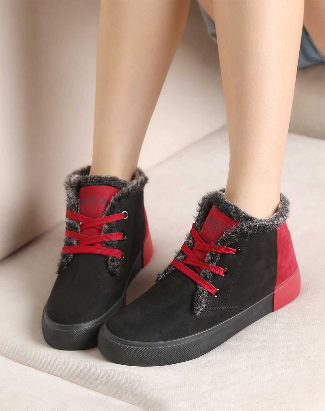 加厚翻毛 女款兰色棉鞋 甜美拼色