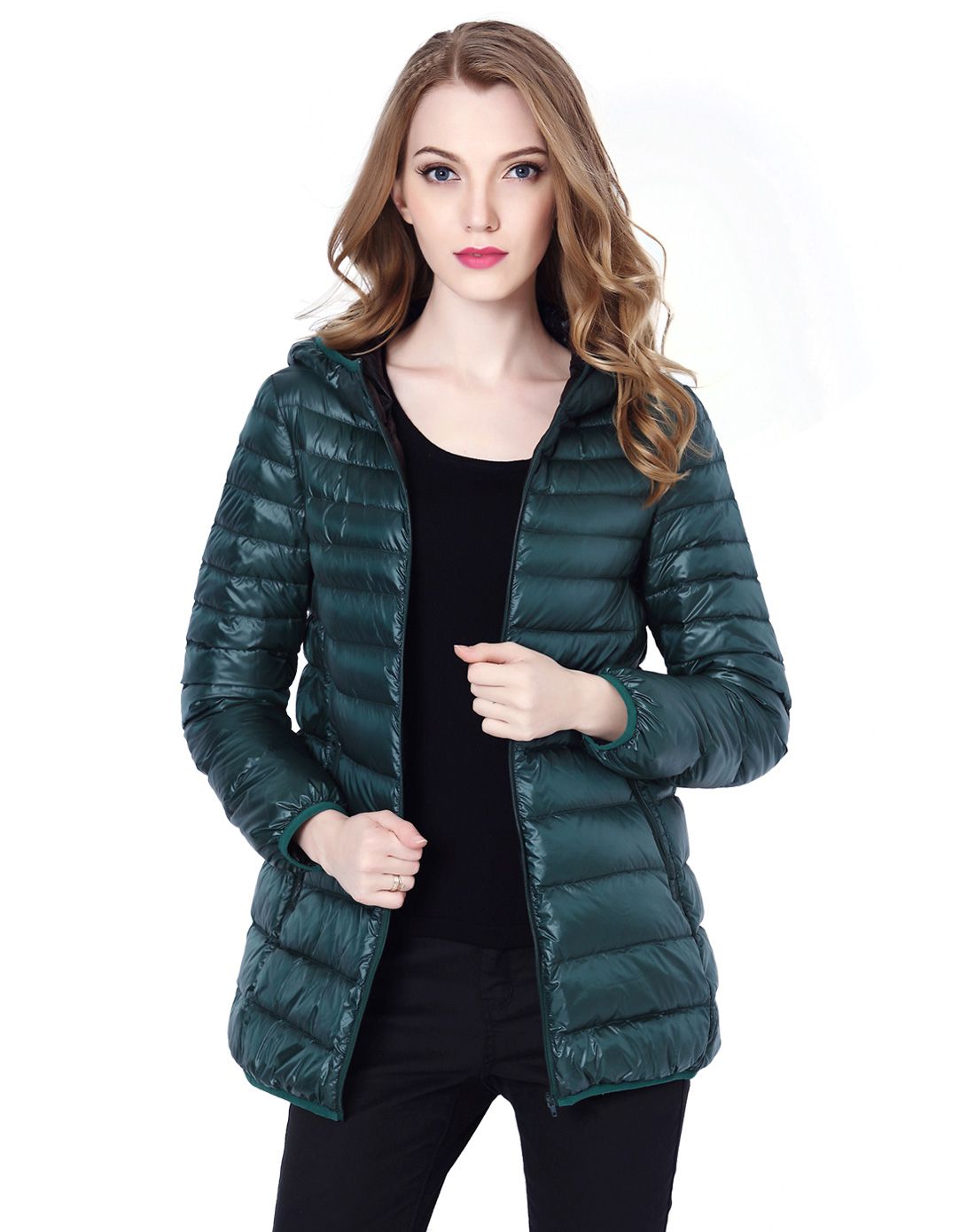 女式葡萄紫轻羽绒连帽宽松一手长款羽绒服