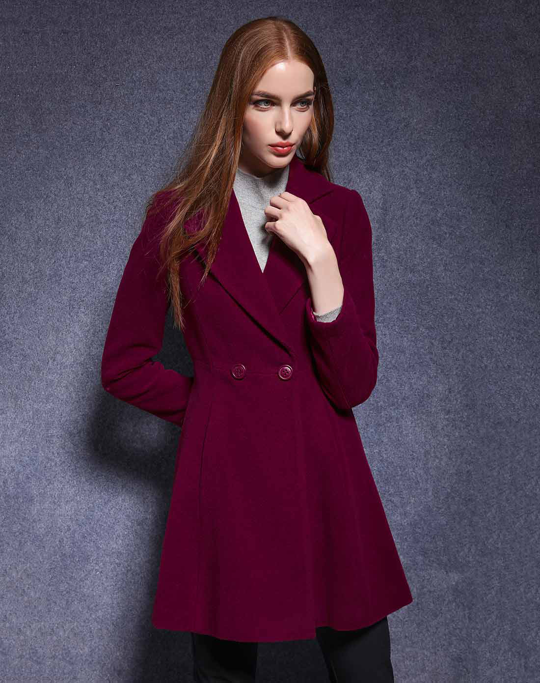 酒红色平驳领显瘦百搭中长款立绒毛呢大衣