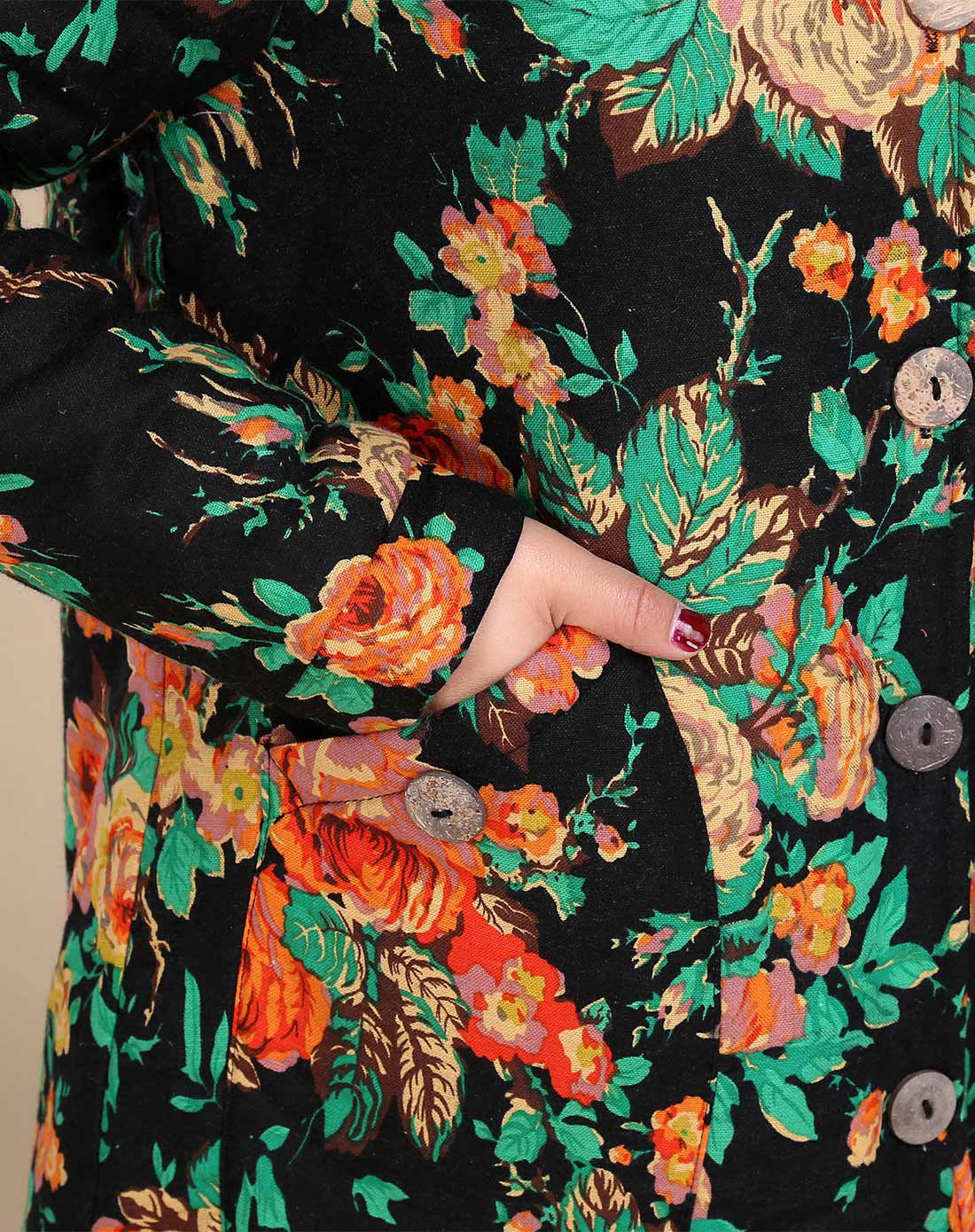 女款黑色牡丹花纹连帽中长款棉衣