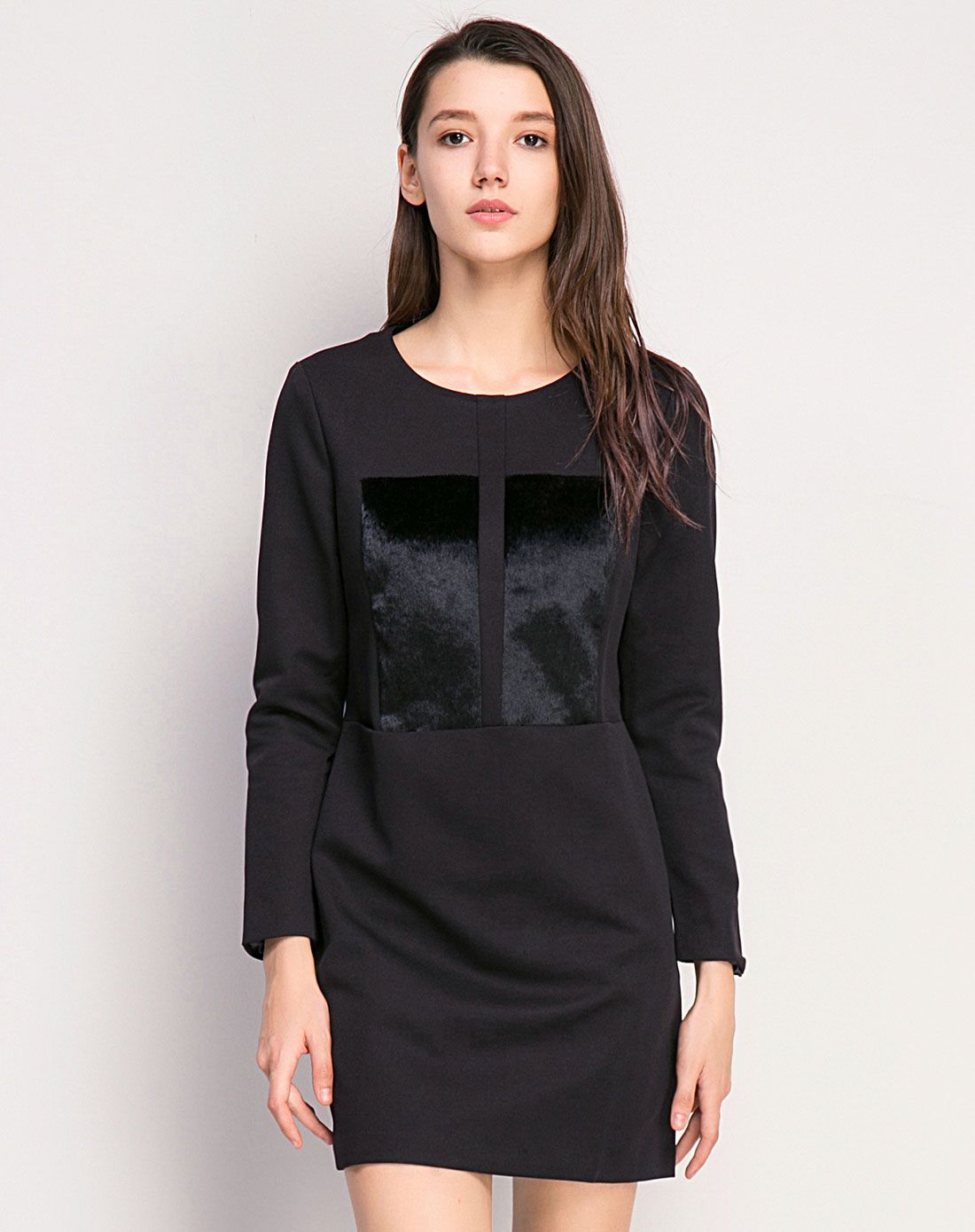 黑色通勤ol拼接时尚圆领长袖连衣裙