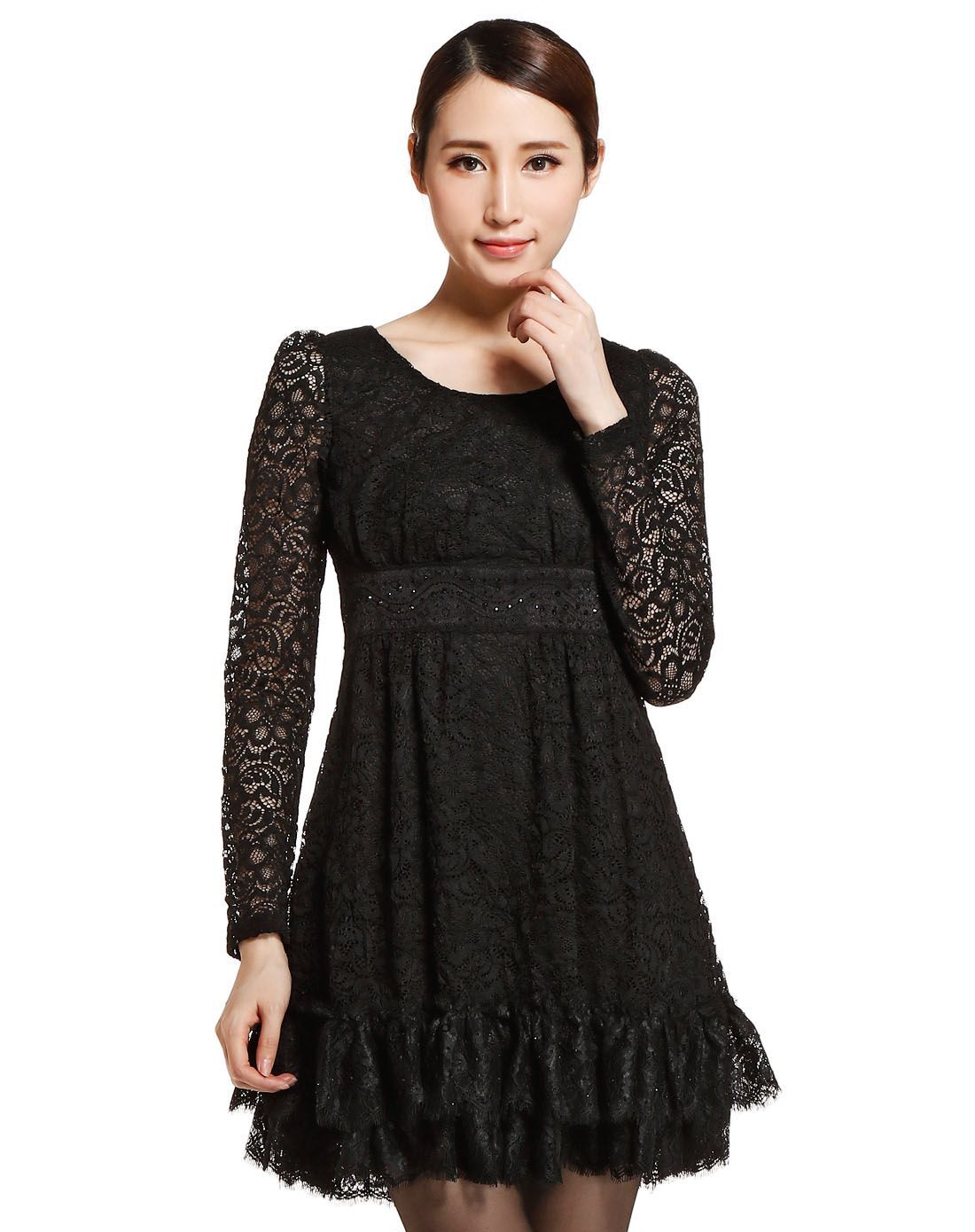 红人honrn女装专场 黑/杏色蕾丝烫钻长袖连衣裙 运费 (订单满288免